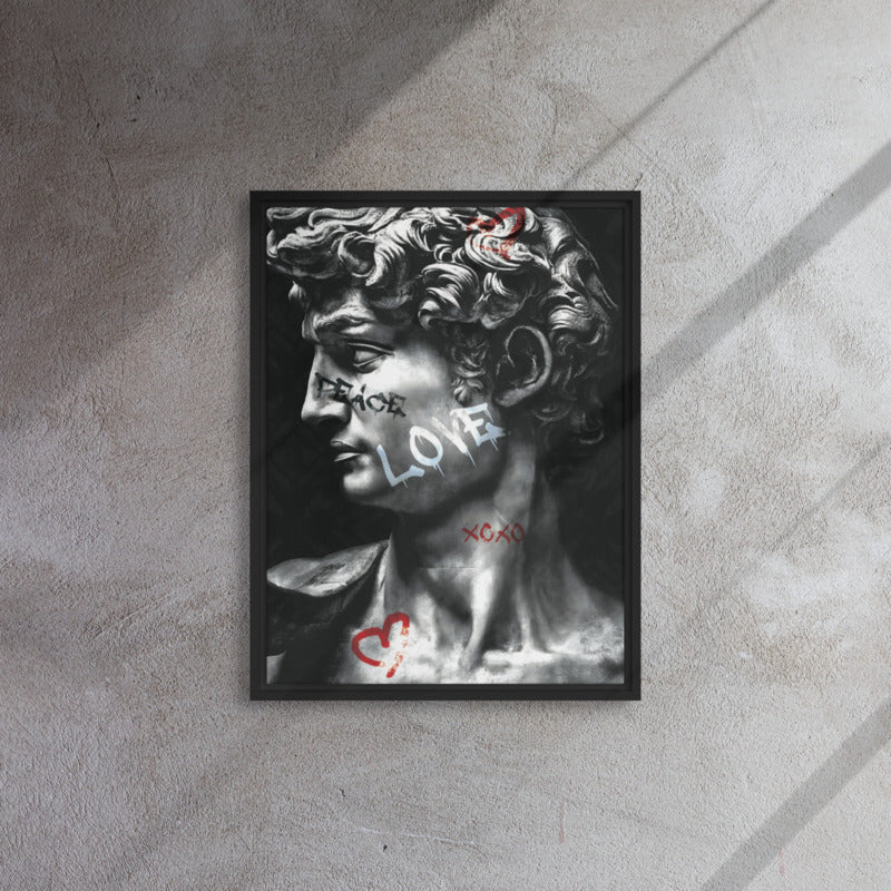 Love Unveiled: Graffiti-Infused Greek Statue Framed Wall Art Canvas - KingKanvas