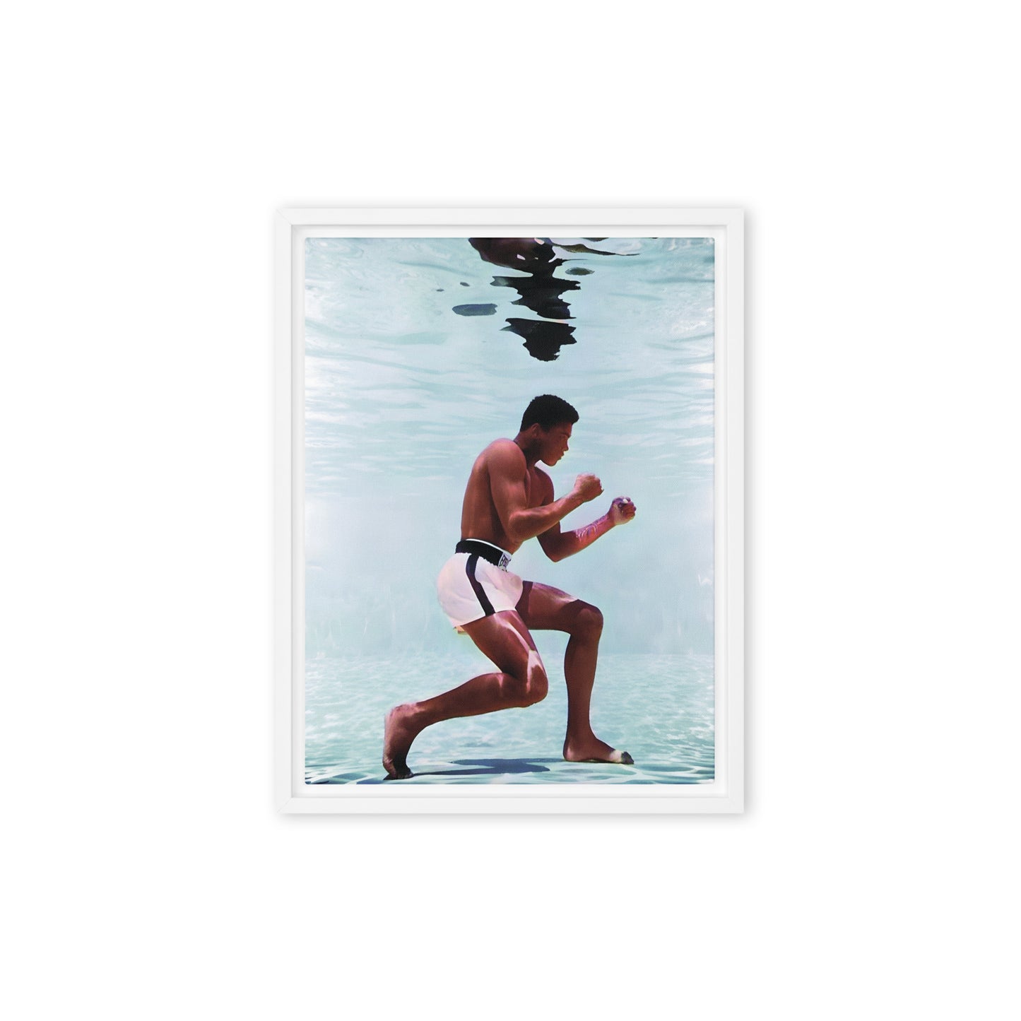 Underwater Poise: Muhammad Ali's Aquatic Grace - Framed Canvas Art
