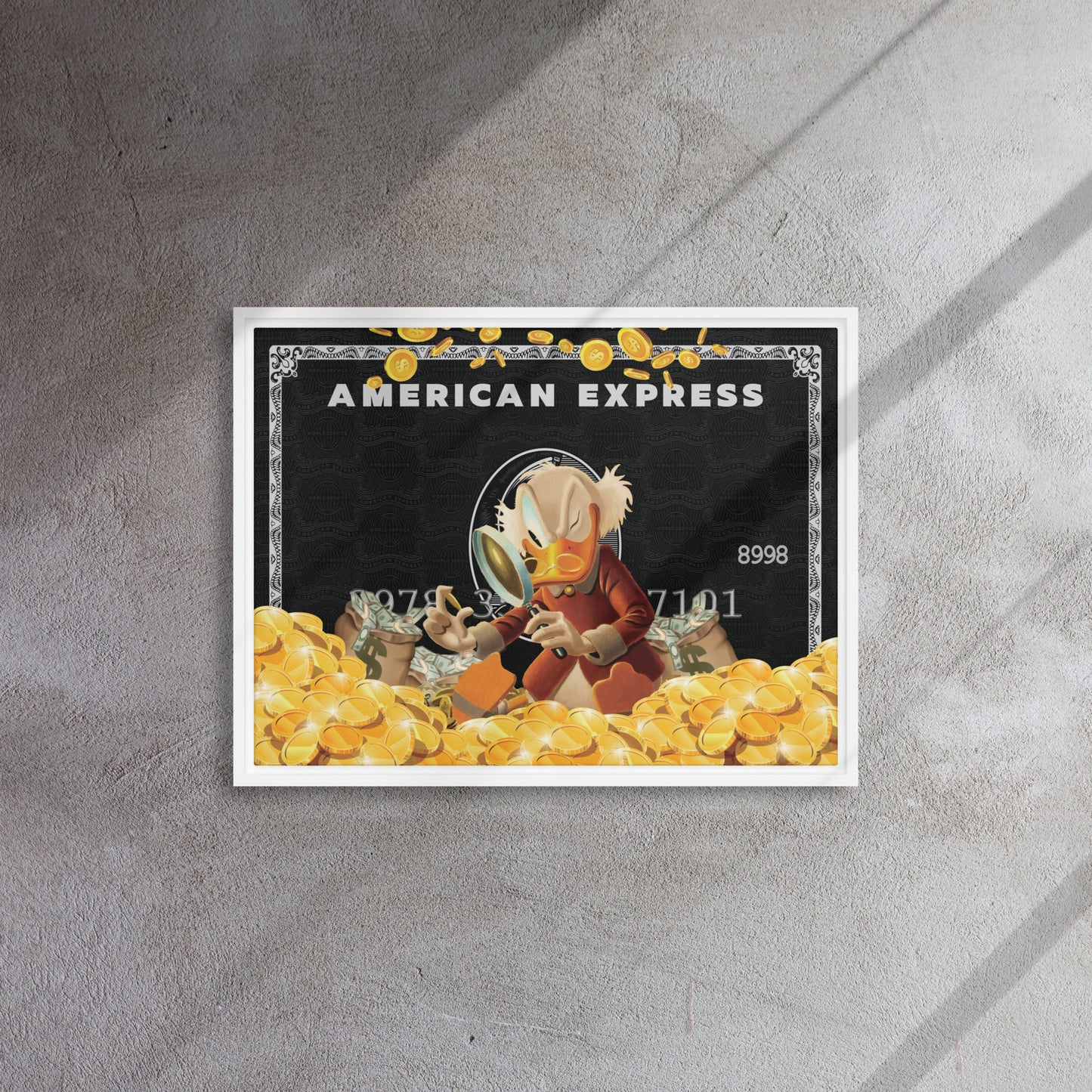 Golden Ambitions: Scrooge McDuck with Black Amex in a Sea of Wealth - KingKanvas