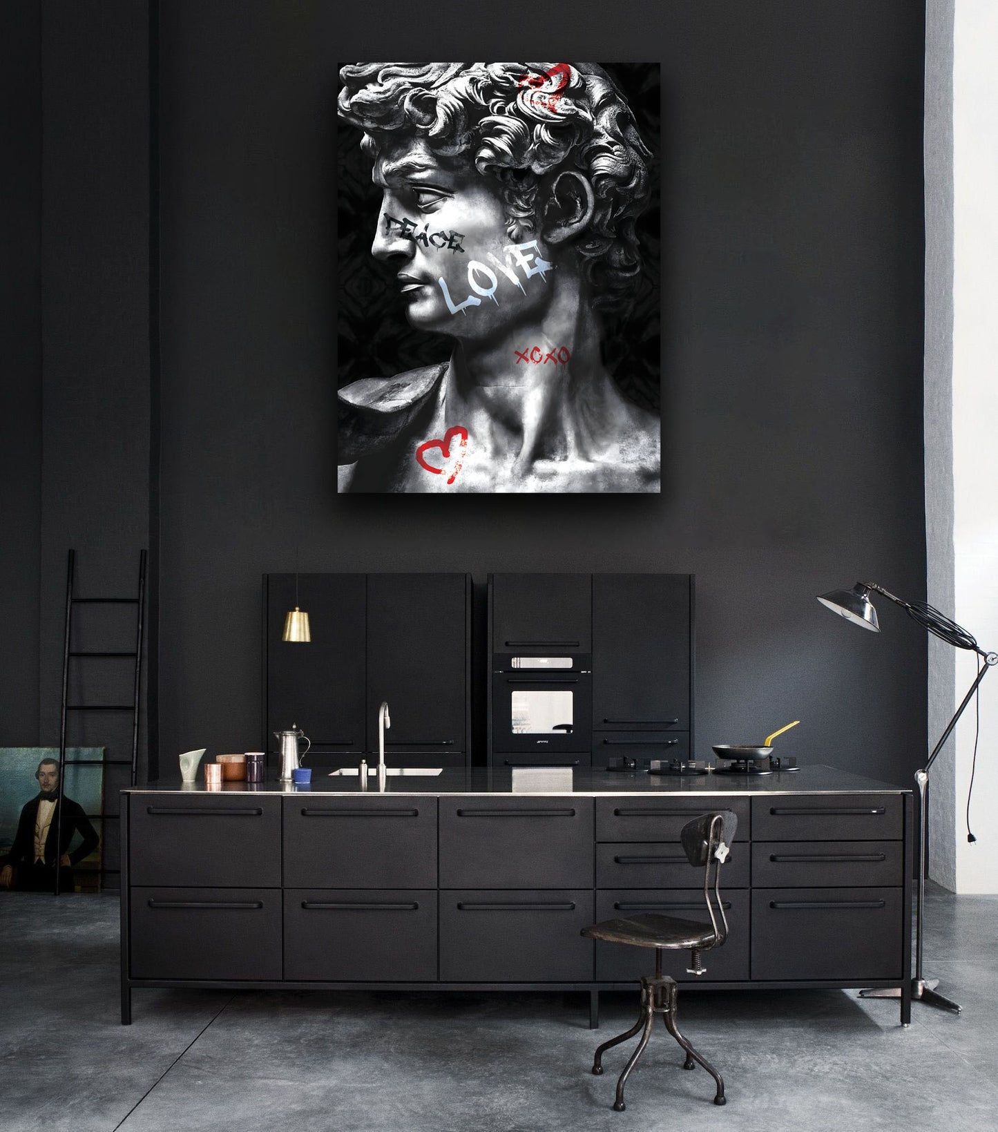 Love Unveiled: Graffiti-Infused Greek Statue Framed Wall Art Canvas - KingKanvas