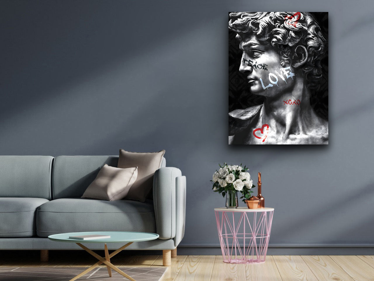 Love Unveiled: Graffiti-Infused Greek Statue Framed Wall Art Canvas - KingKanvas