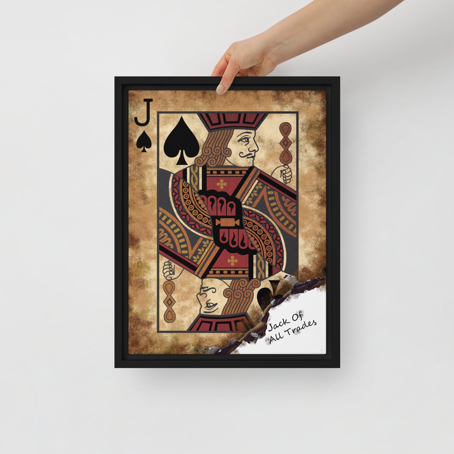 Framed Wall Canvas Art: Jack of All Trades Card - Jack of Spades - KingKanvas