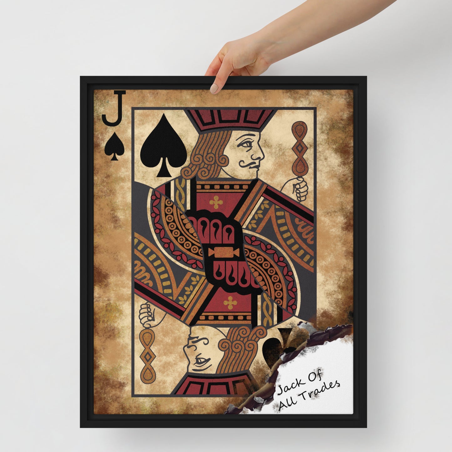 Framed Wall Canvas Art: Jack of All Trades Card - Jack of Spades - KingKanvas