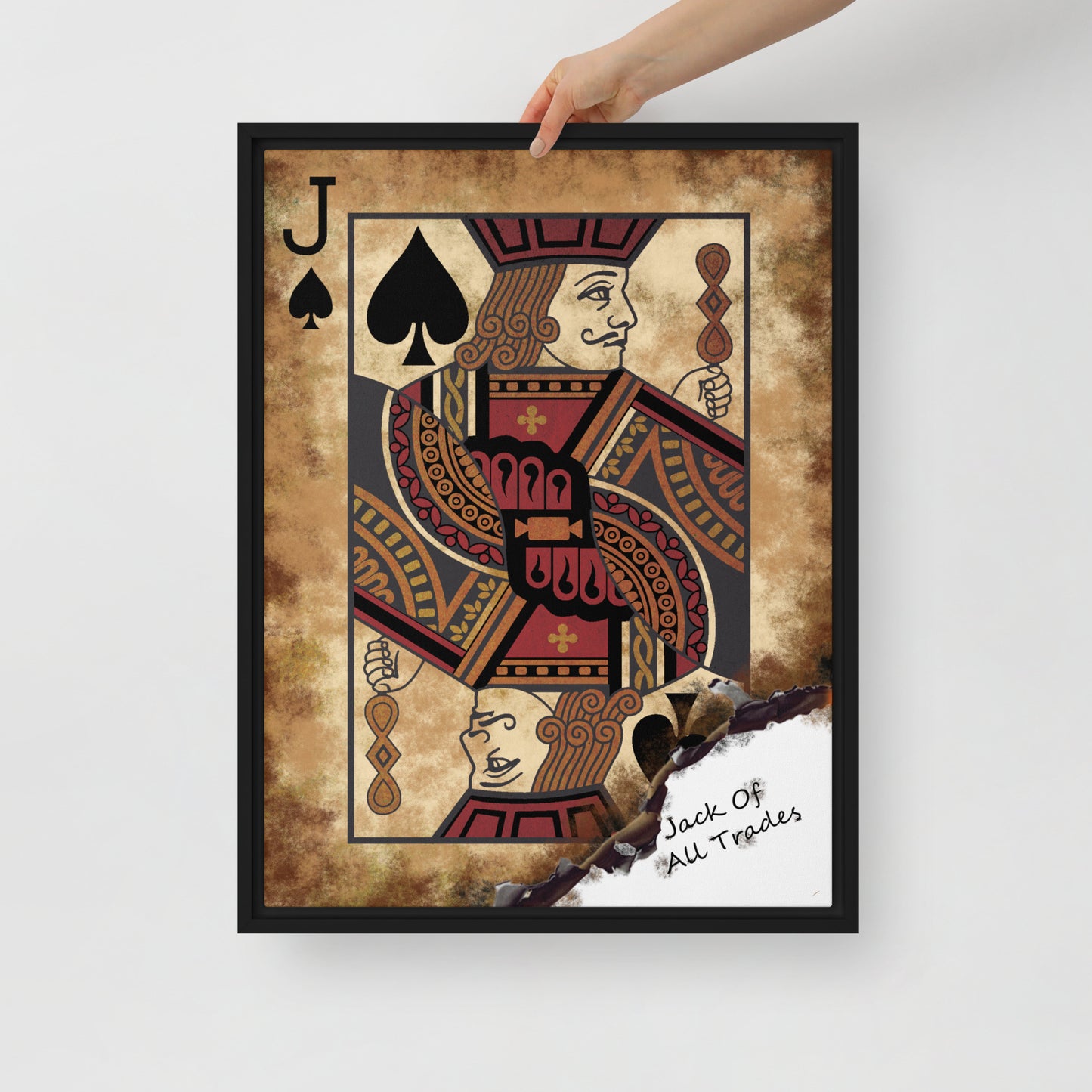 Framed Wall Canvas Art: Jack of All Trades Card - Jack of Spades - KingKanvas