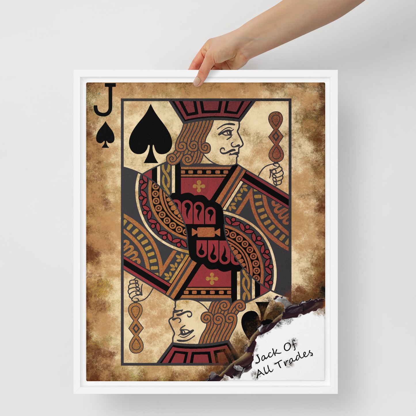 Framed Wall Canvas Art: Jack of All Trades Card - Jack of Spades - KingKanvas