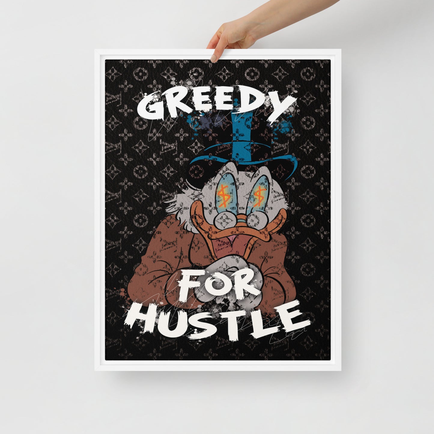 Hustlers Edition Scrooge McDuck on Louis Vuitton Background - Greedy for the Hustle! Framed Luxury Wall Canvas - KingKanvas