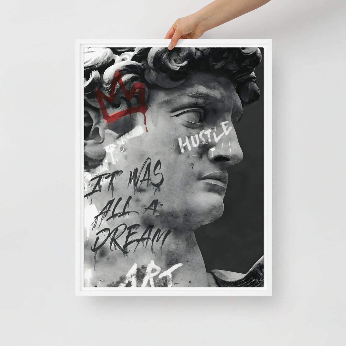 Classical meets Contemporary: Greek Statue with Hustle and It Was All A Dream Graffiti - Framed Wall Art Canvas - KingKanvas