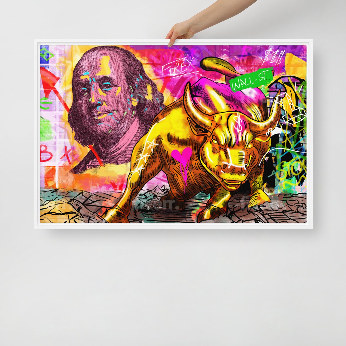 The Iconic Duo: Benjamin Franklin and the Bull of Wall Street Framed Canvas - KingKanvas