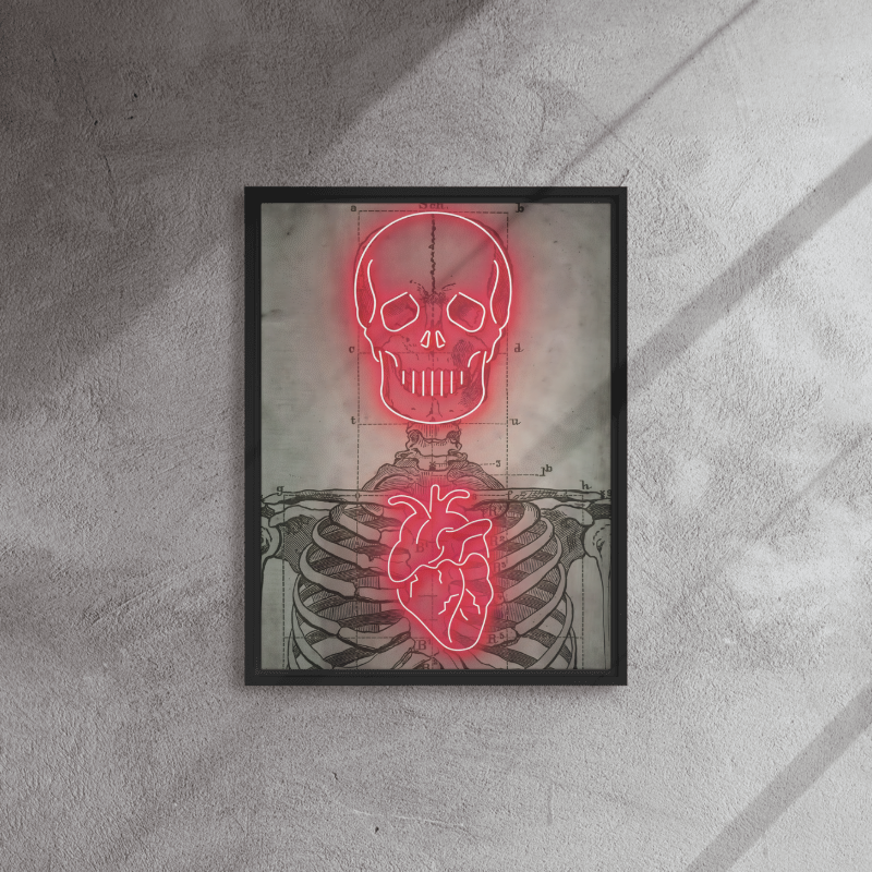 Neon Anatomy: Red-Lit Skeleton with Heart and Skull Highlights