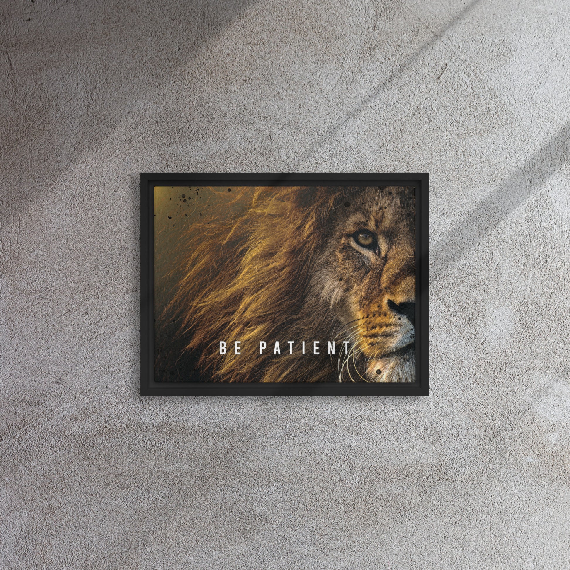 Roaring Serenity: Framed Lion Art Canvas - Be Patient - KingKanvas