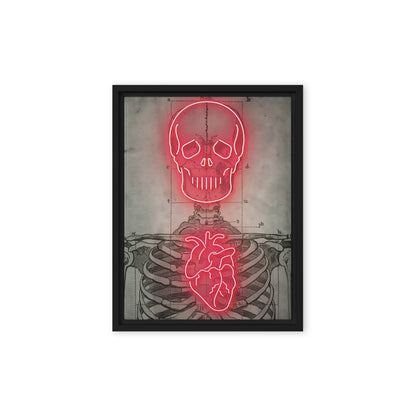 Neon Anatomy: Red-Lit Skeleton with Heart and Skull Highlights