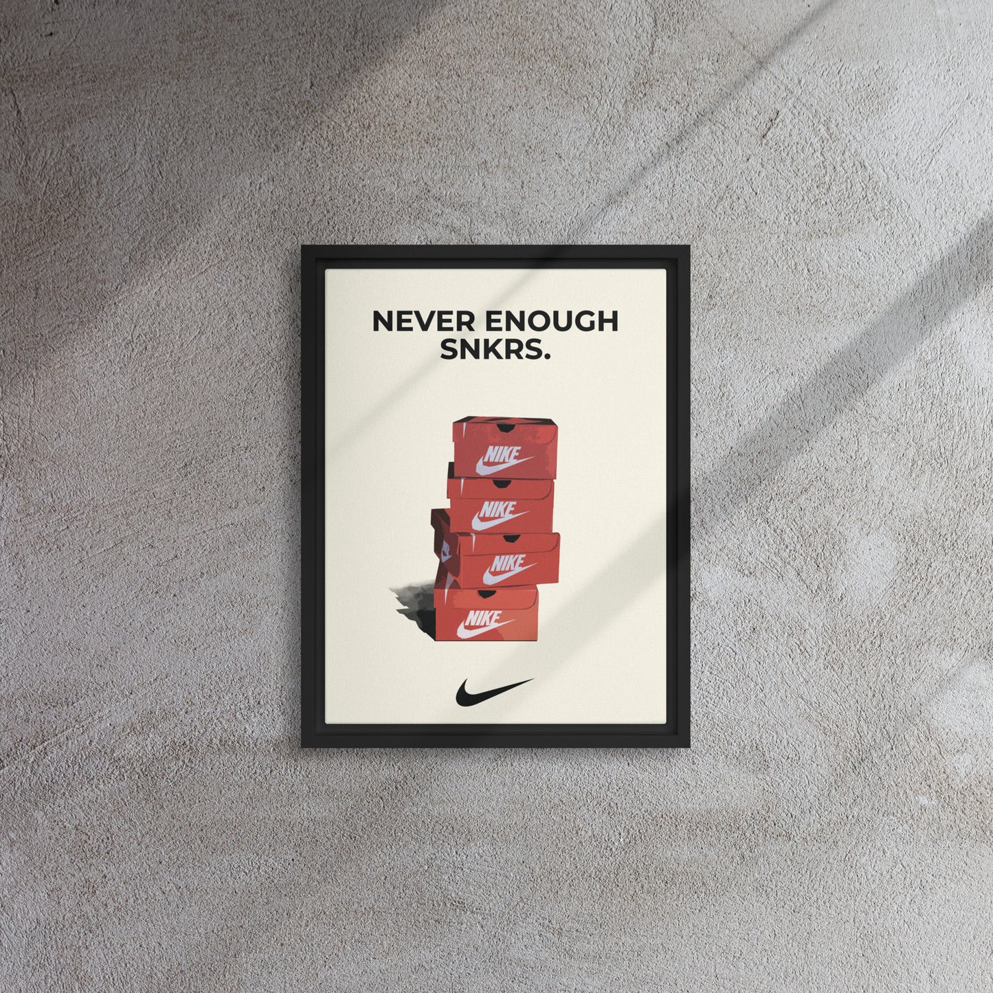 Stacked Passion: 'Never Enough Sneakers' Nike Box Framed Canvas