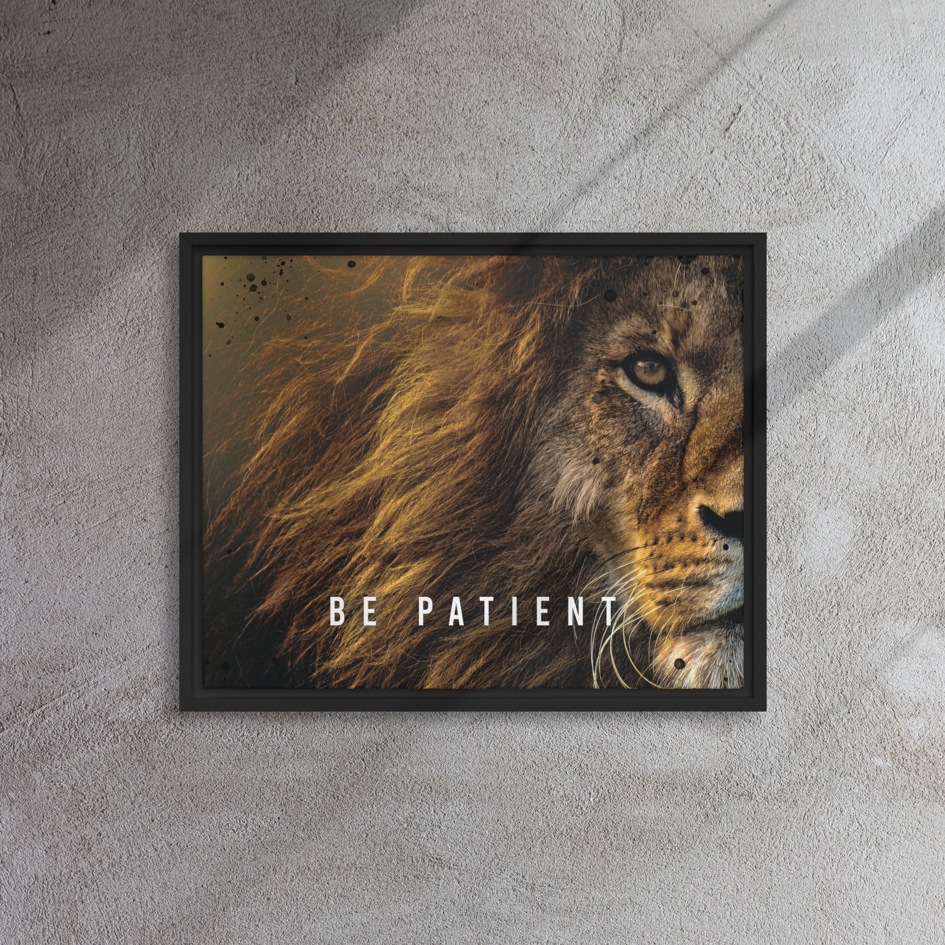 Roaring Serenity: Framed Lion Art Canvas - Be Patient - KingKanvas