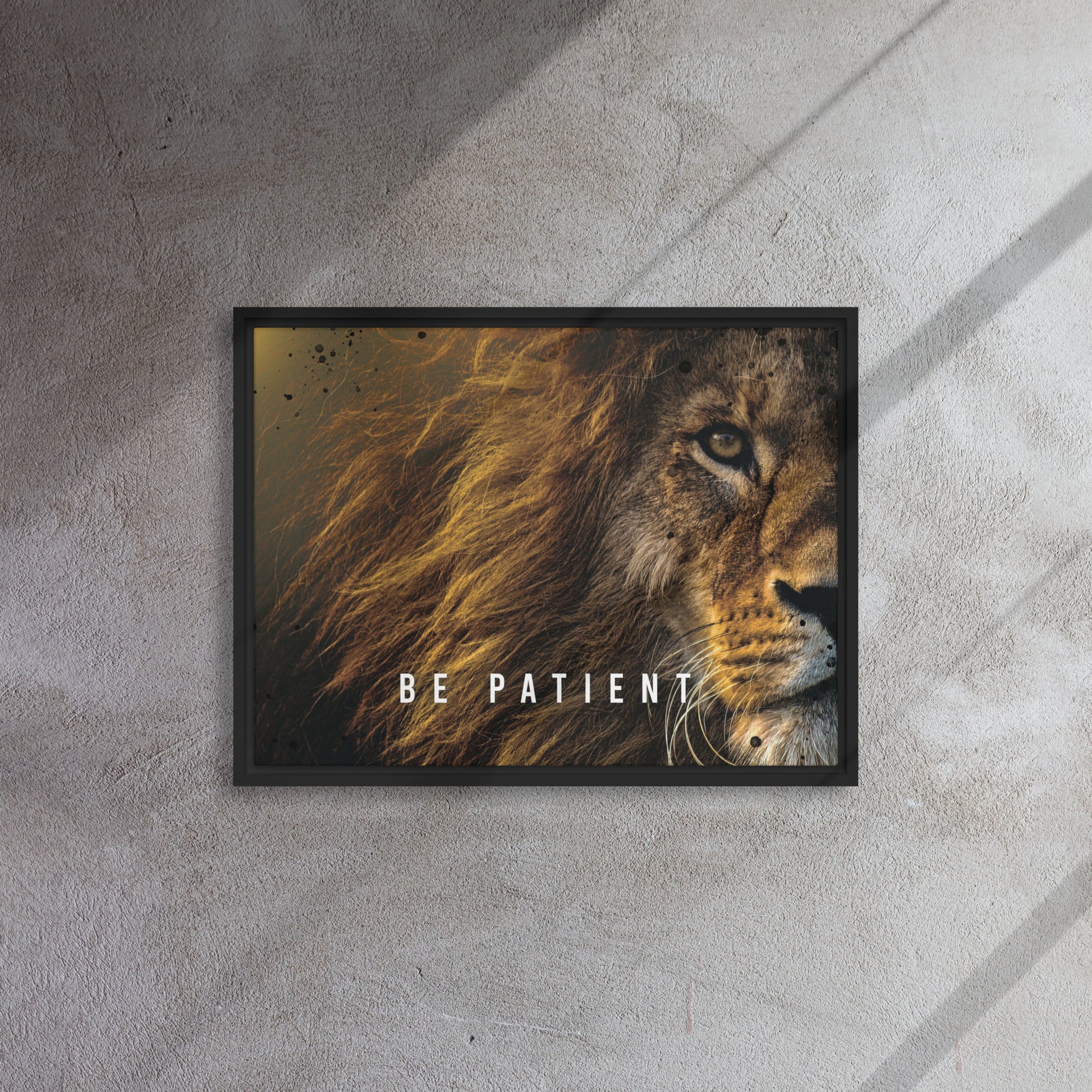 Roaring Serenity: Framed Lion Art Canvas - Be Patient - KingKanvas