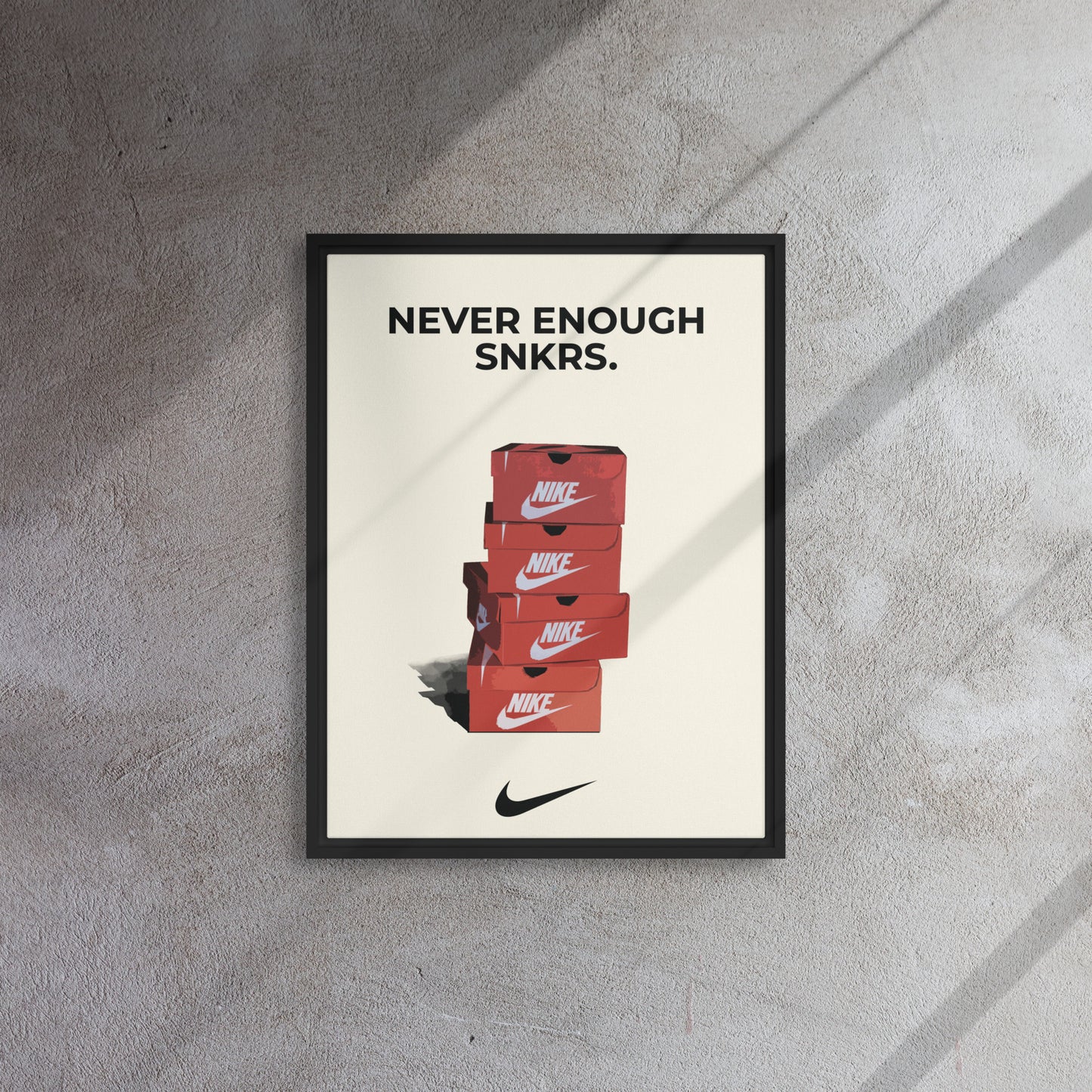 Stacked Passion: 'Never Enough Sneakers' Nike Box Framed Canvas