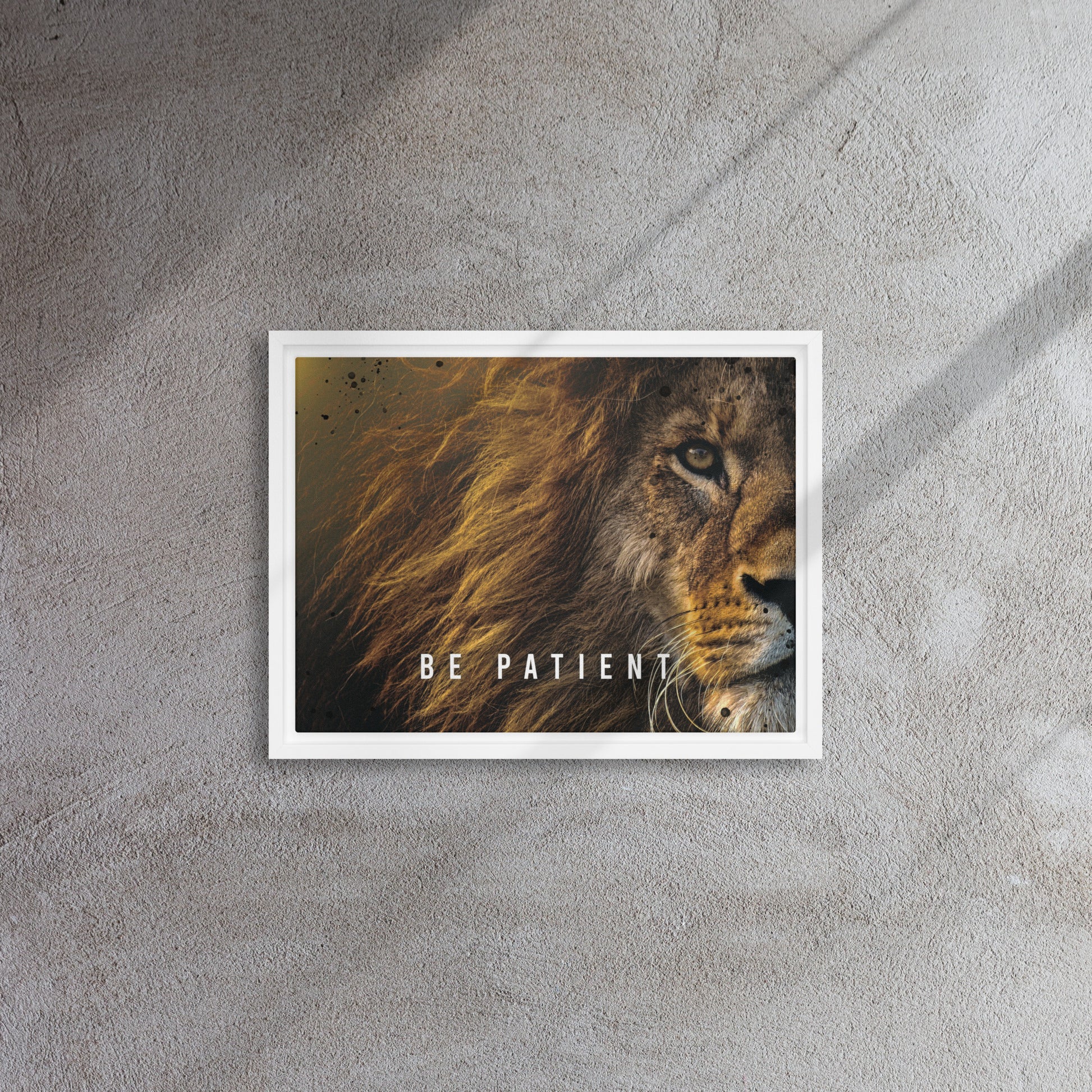 Roaring Serenity: Framed Lion Art Canvas - Be Patient - KingKanvas
