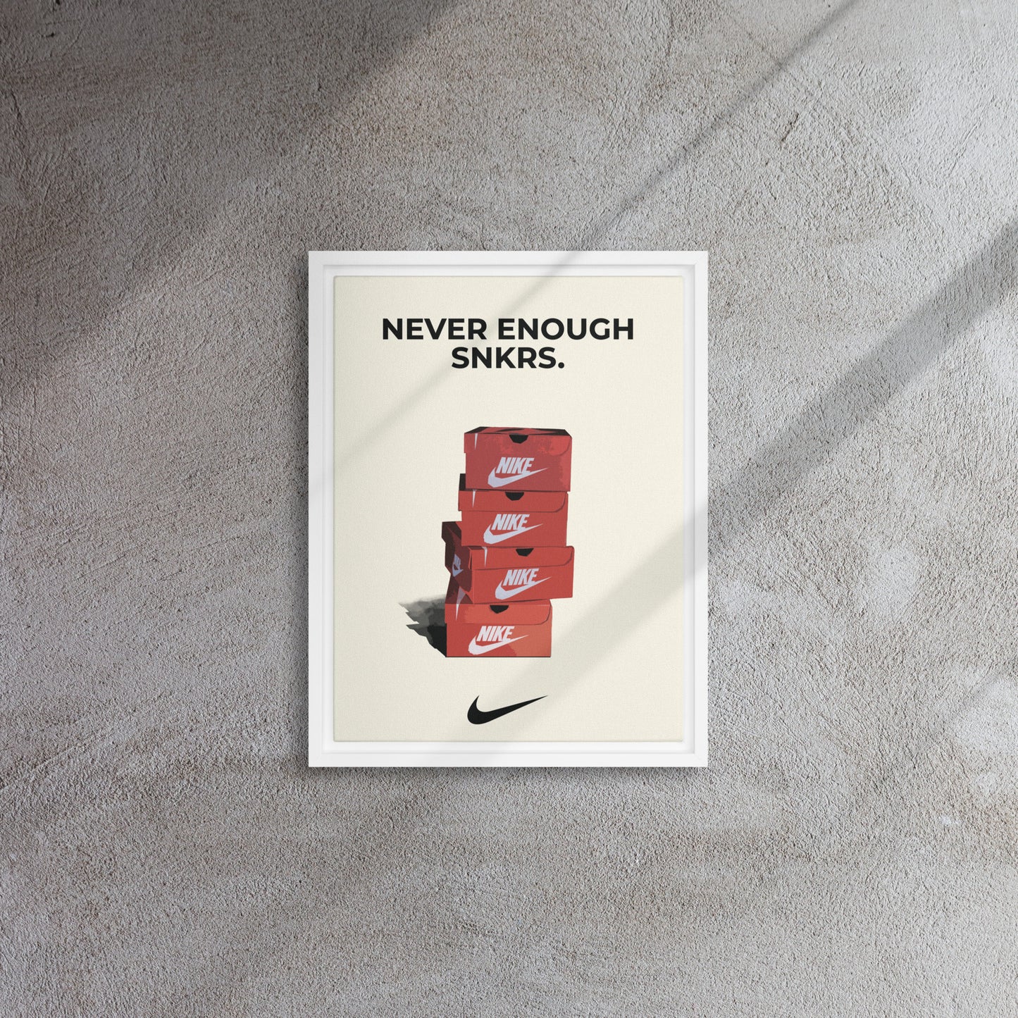 Stacked Passion: 'Never Enough Sneakers' Nike Box Framed Canvas