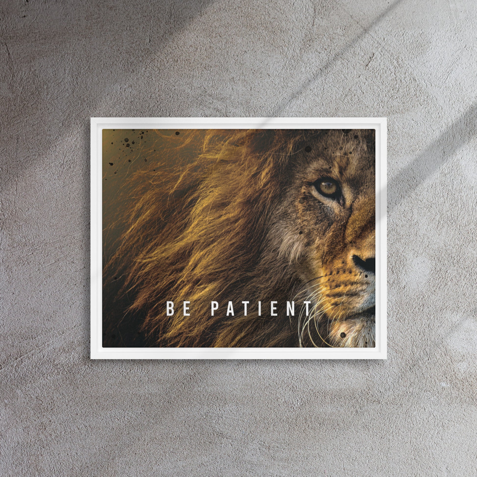 Roaring Serenity: Framed Lion Art Canvas - Be Patient - KingKanvas