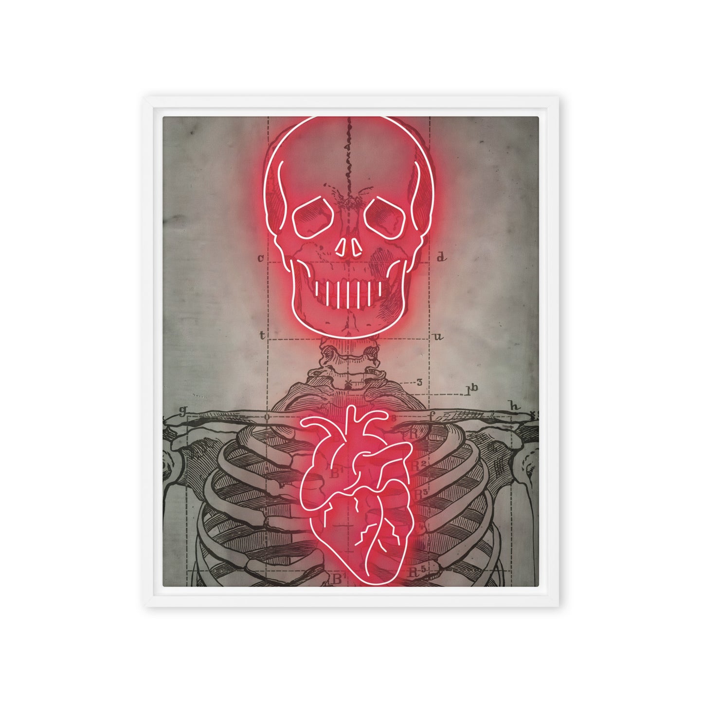 Neon Anatomy: Red-Lit Skeleton with Heart and Skull Highlights