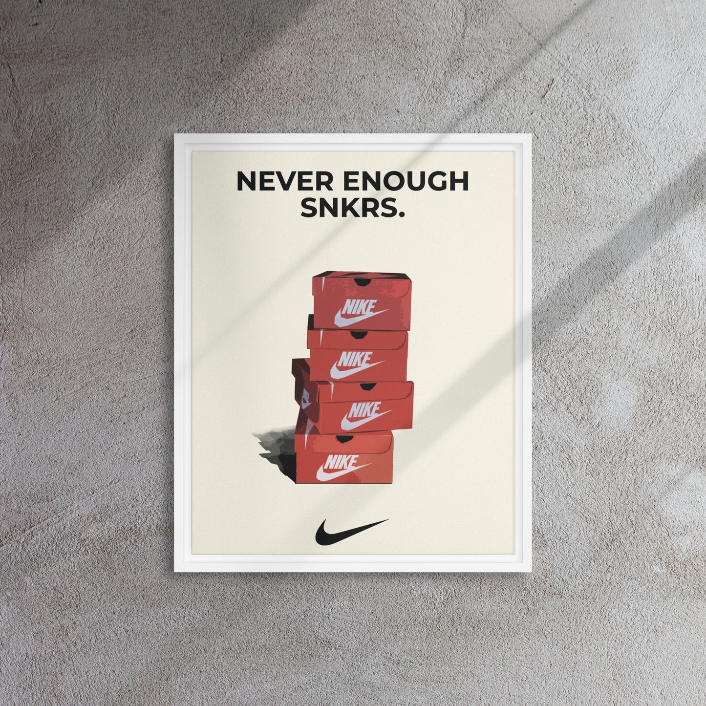Stacked Passion: 'Never Enough Sneakers' Nike Box Framed Canvas