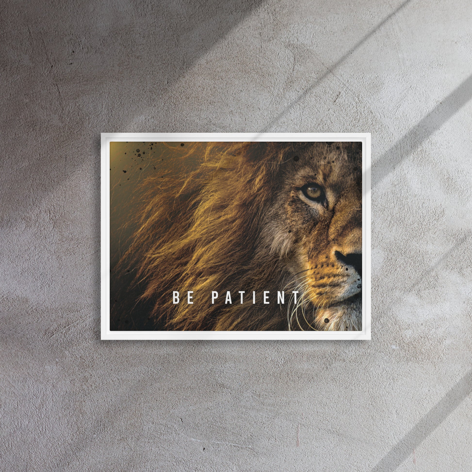 Roaring Serenity: Framed Lion Art Canvas - Be Patient - KingKanvas