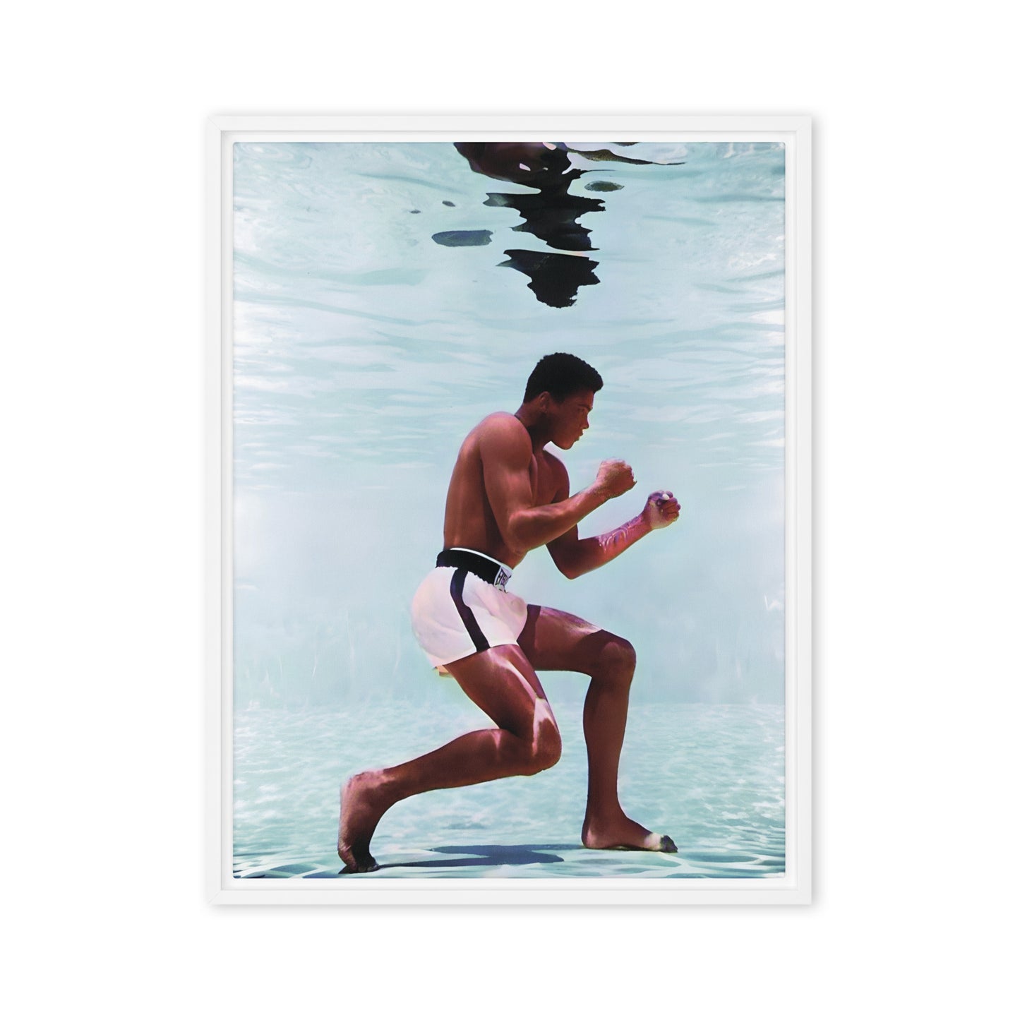 Underwater Poise: Muhammad Ali's Aquatic Grace - Framed Canvas Art