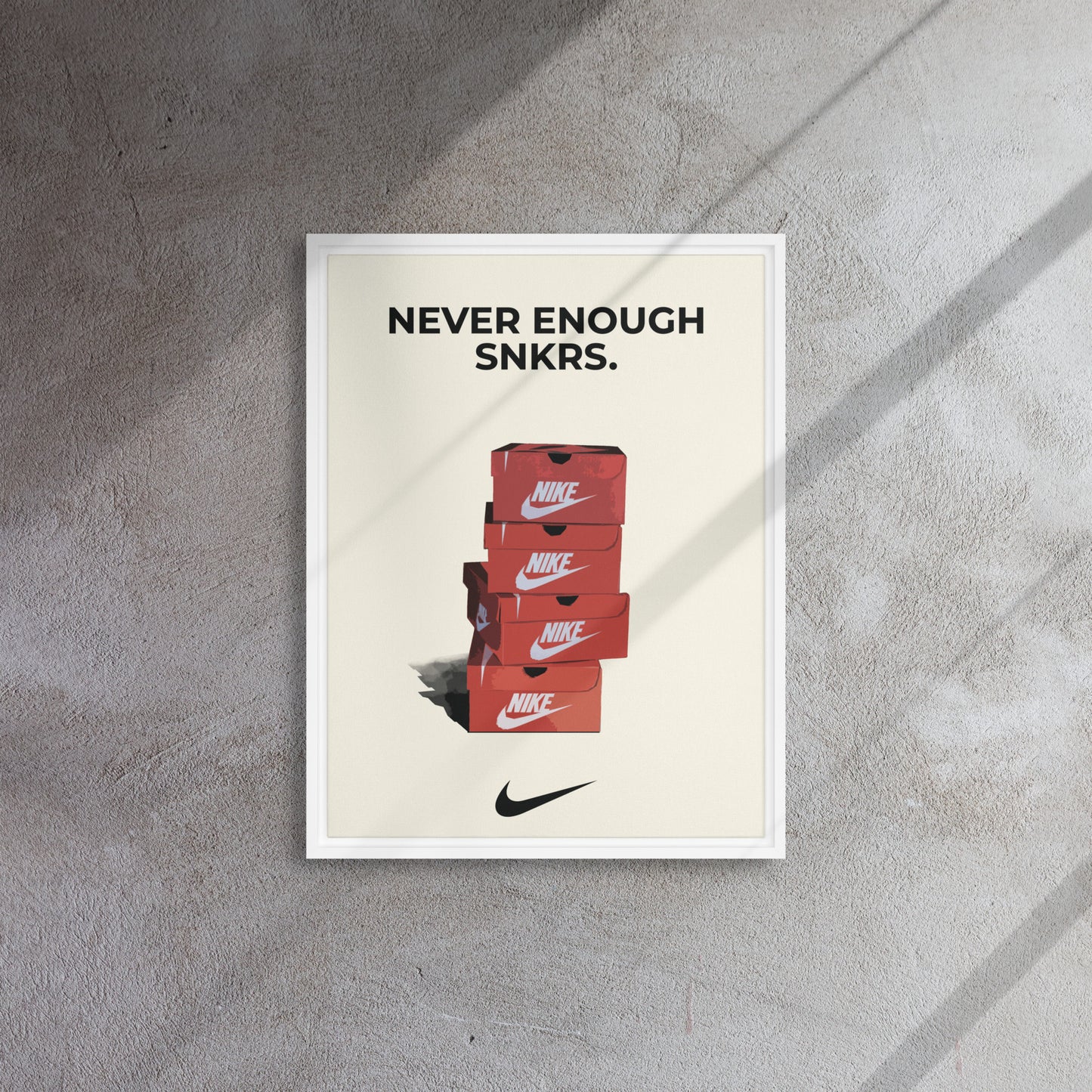 Stacked Passion: 'Never Enough Sneakers' Nike Box Framed Canvas