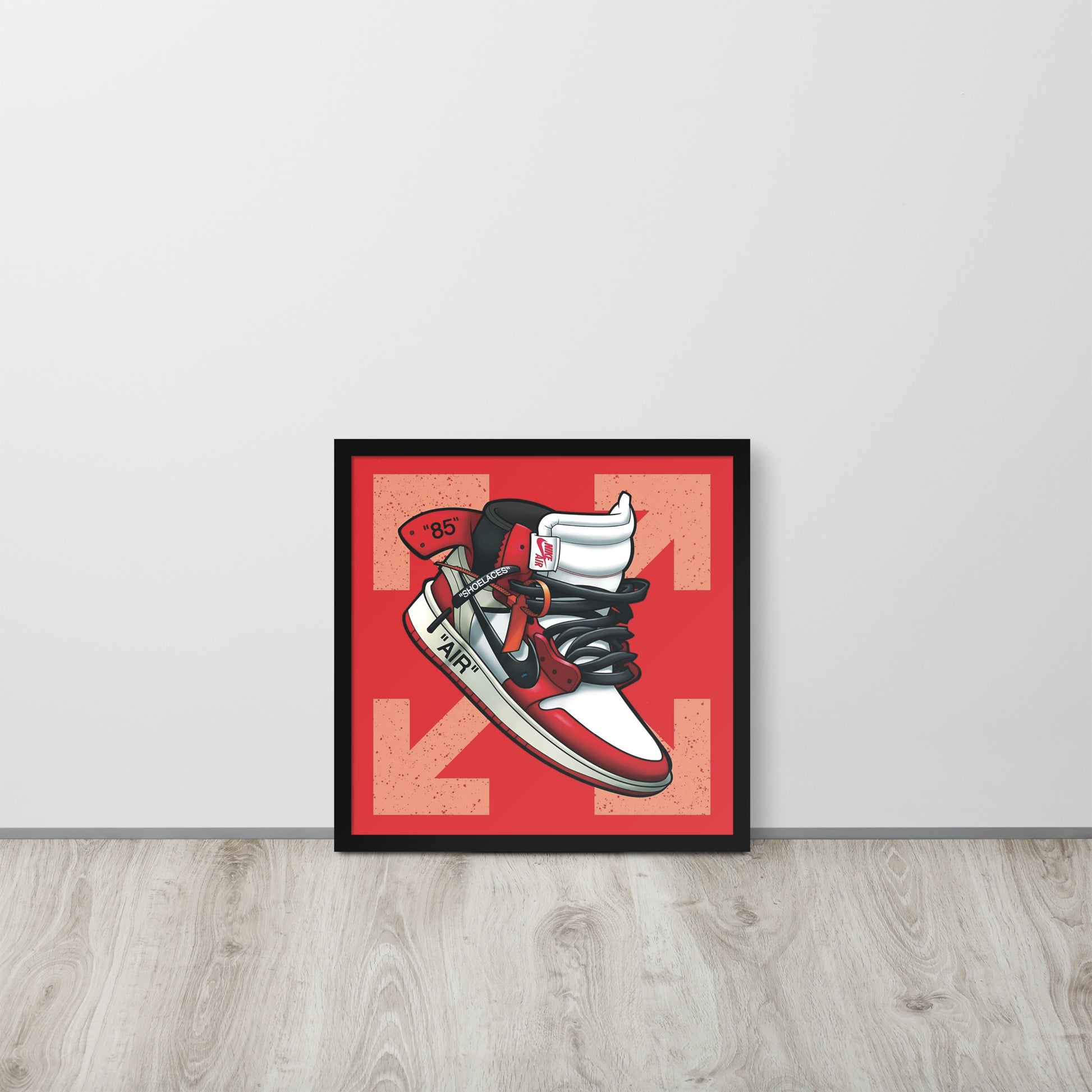 Legendary Elegance: Red & White Off-White Air Jordan 1 Framed Poster - KingKanvas