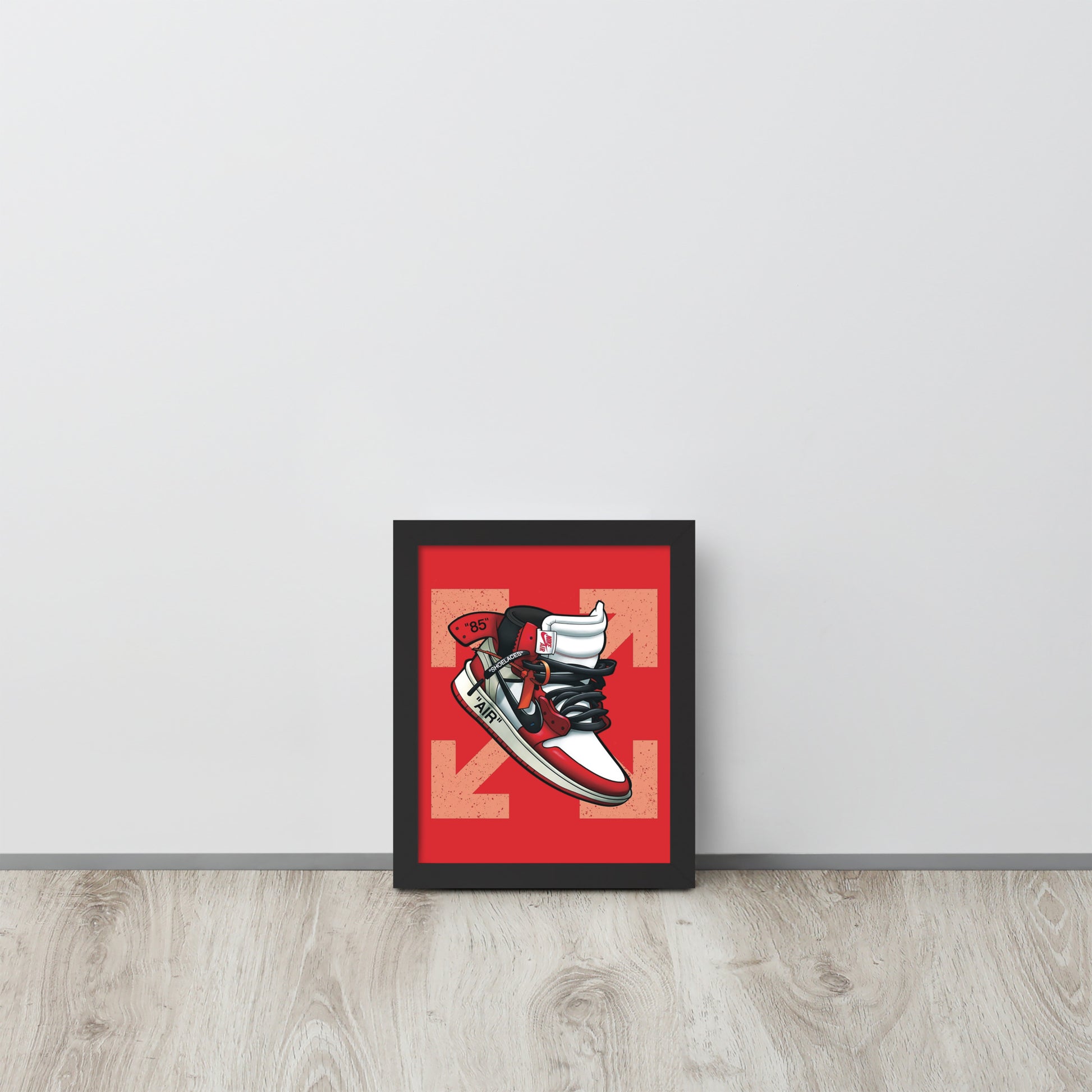 Legendary Elegance: Red & White Off-White Air Jordan 1 Framed Poster - KingKanvas