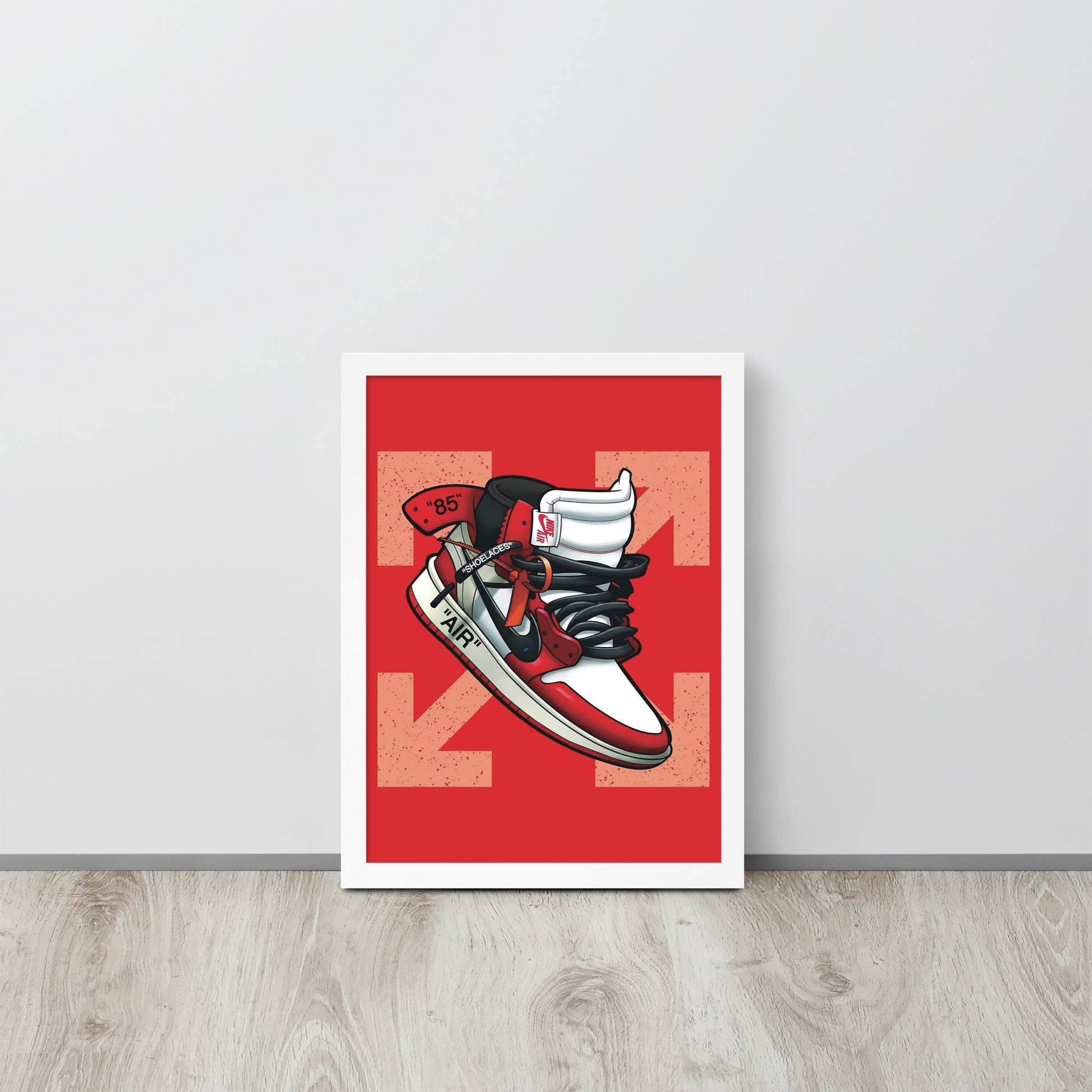 Legendary Elegance: Red & White Off-White Air Jordan 1 Framed Poster - KingKanvas