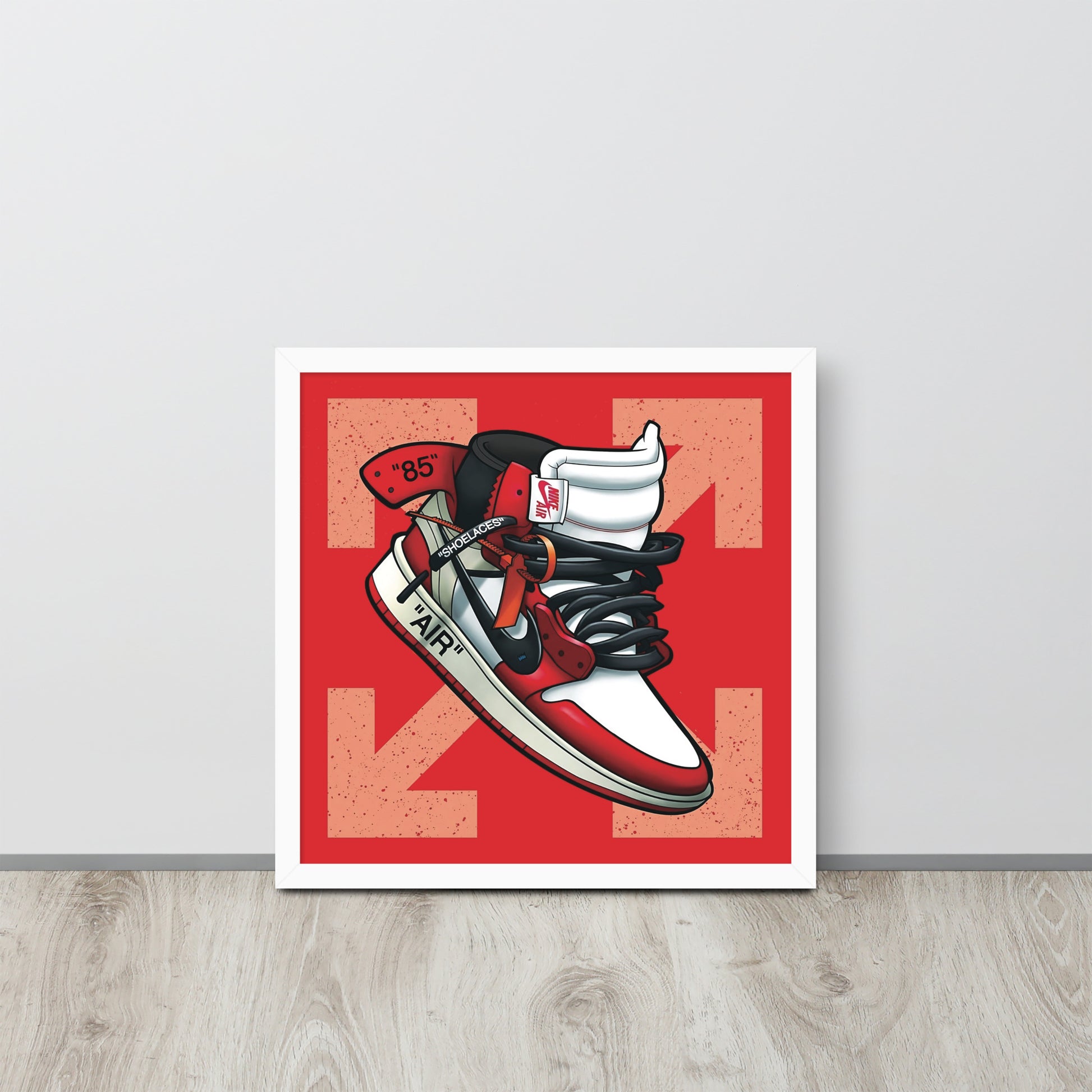 Legendary Elegance: Red & White Off-White Air Jordan 1 Framed Poster - KingKanvas