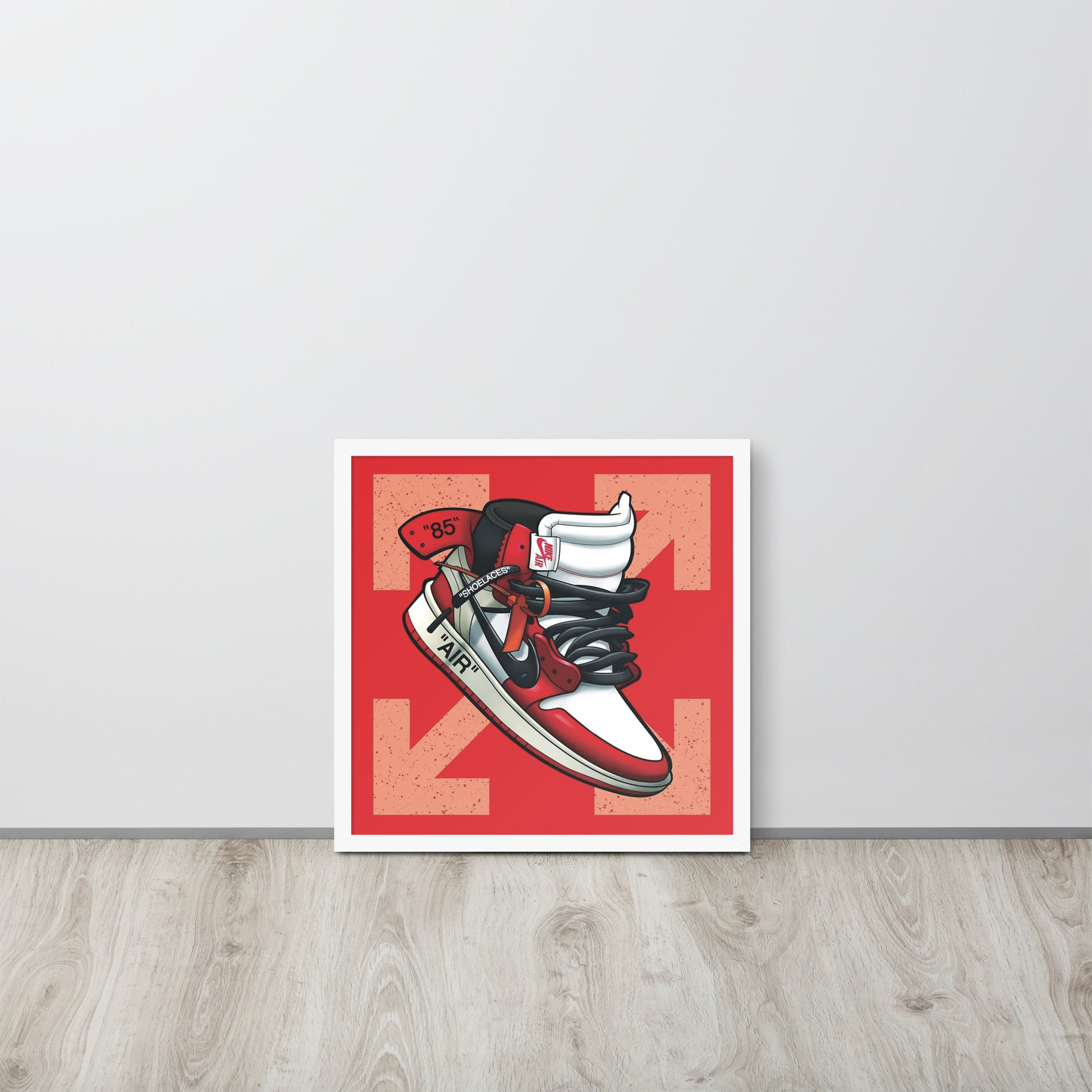 Legendary Elegance: Red & White Off-White Air Jordan 1 Framed Poster - KingKanvas