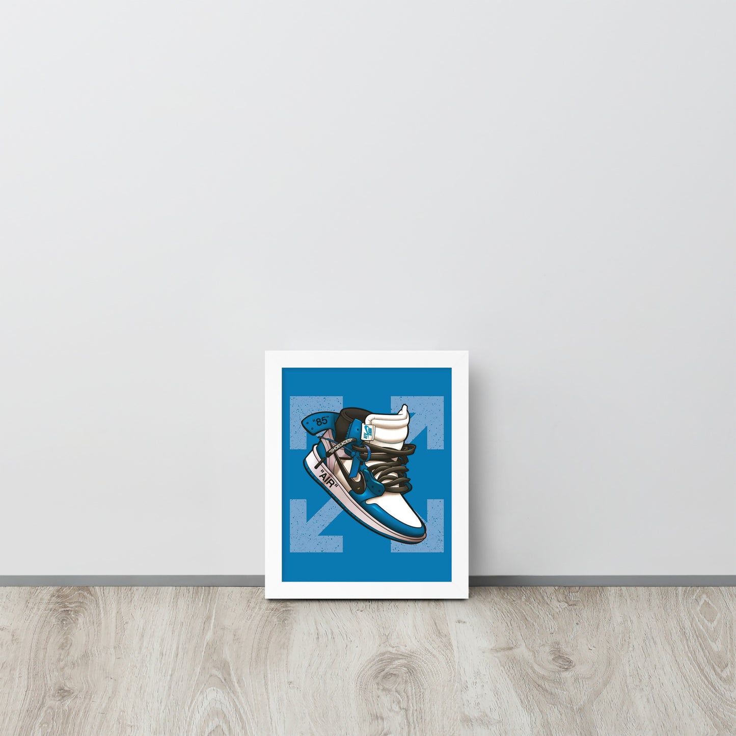 Airborne Elegance: Blue & White Off-White Nike Air Jordan 1 Framed Poster - KingKanvas