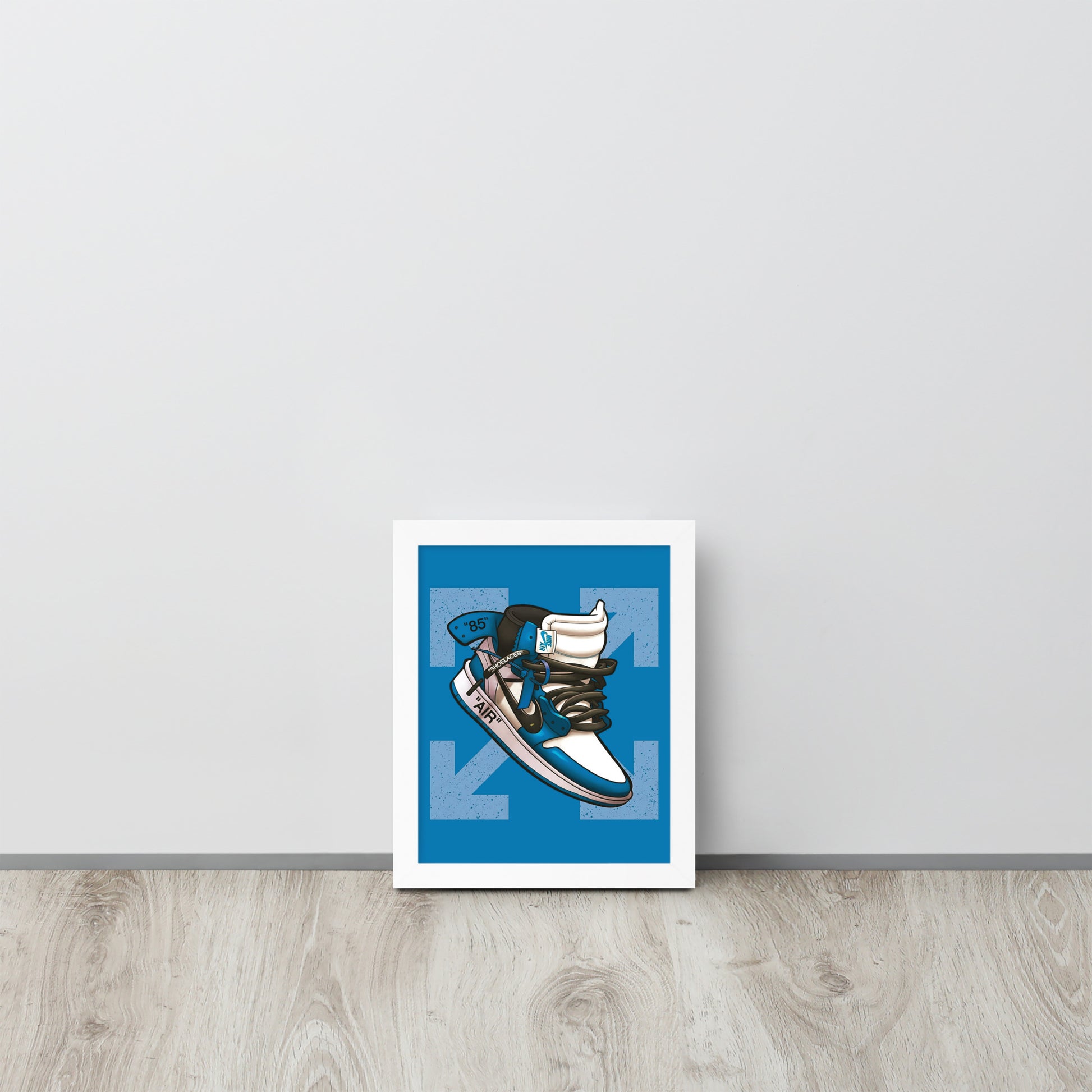 Airborne Elegance: Blue & White Off-White Nike Air Jordan 1 Framed Poster - KingKanvas