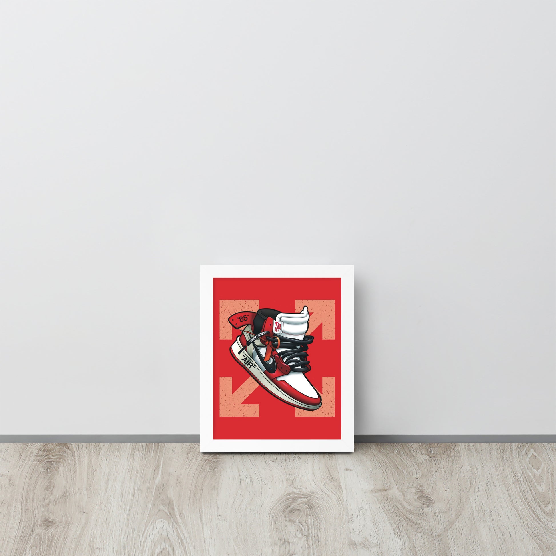 Legendary Elegance: Red & White Off-White Air Jordan 1 Framed Poster - KingKanvas