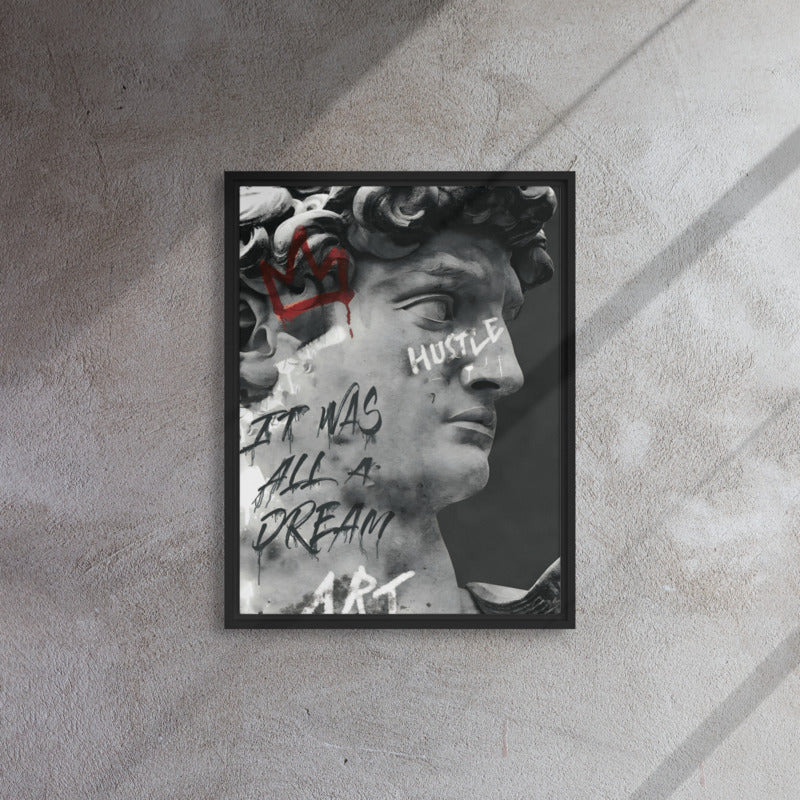Classical meets Contemporary: Greek Statue with Hustle and It Was All A Dream Graffiti - Framed Wall Art Canvas - KingKanvas