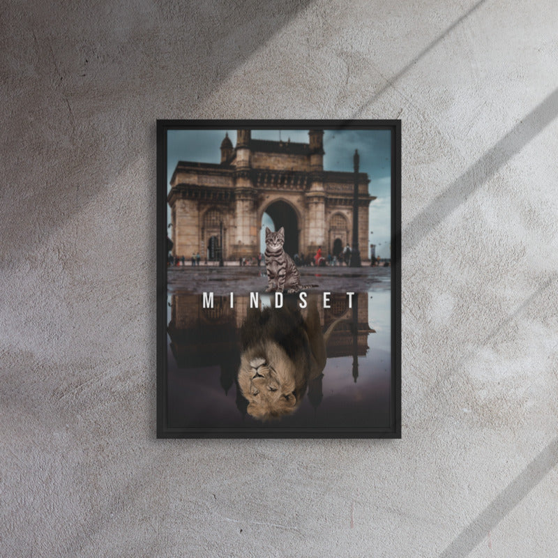 Courageous Cat and Lion's Mindset - Framed Wall Canvas - KingKanvas