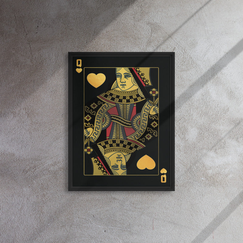 Luxury Black and Gold Queen Playing Card Framed Wall Canvas - KingKanvas