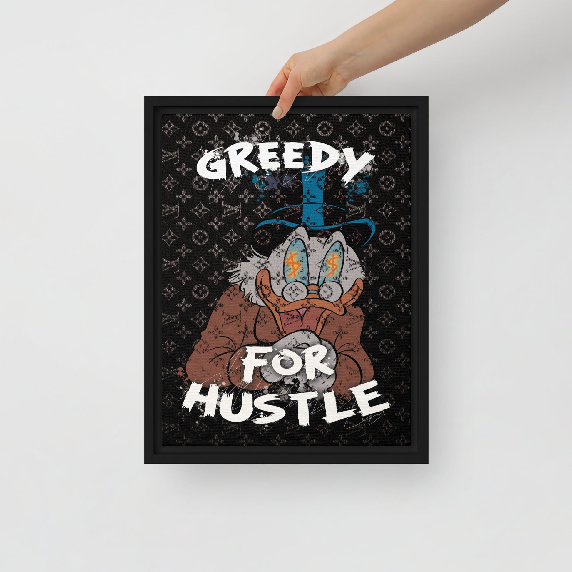 Hustlers Edition Scrooge McDuck on Louis Vuitton Background - Greedy for the Hustle! Framed Luxury Wall Canvas - KingKanvas