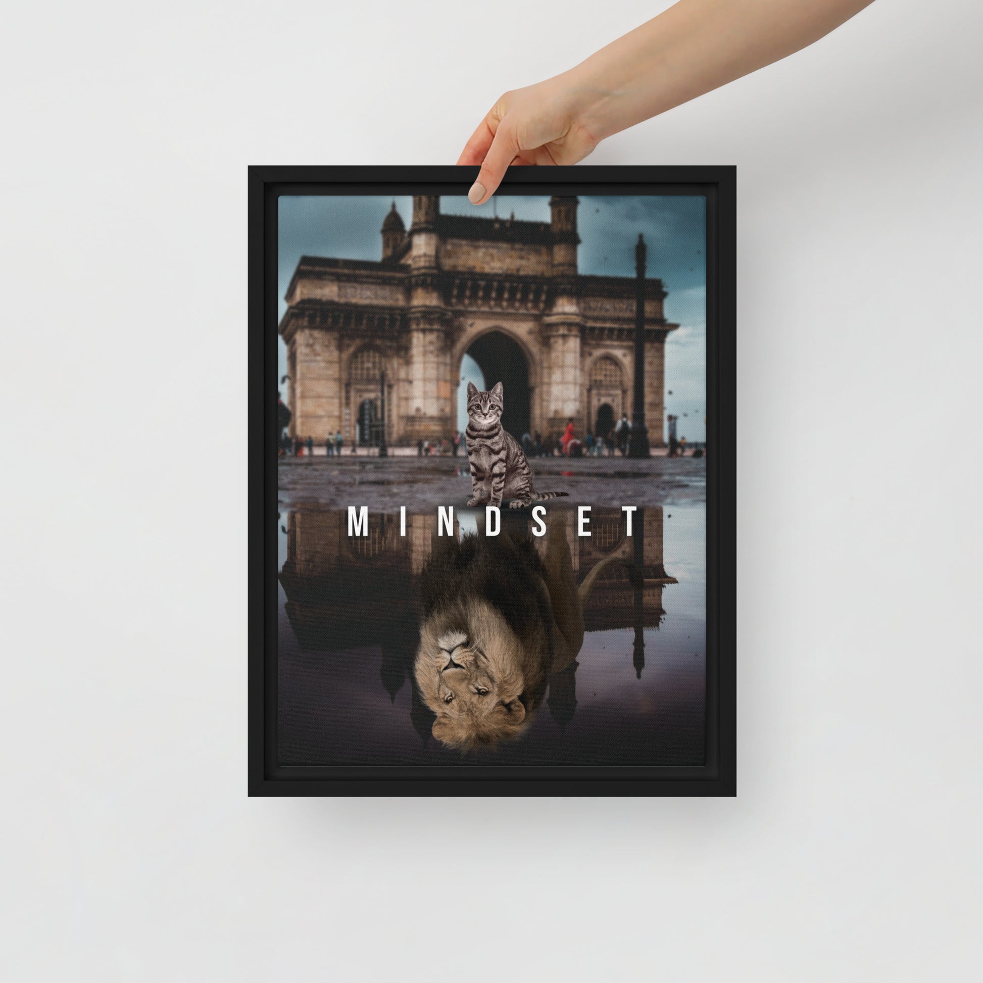 Courageous Cat and Lion's Mindset - Framed Wall Canvas - KingKanvas