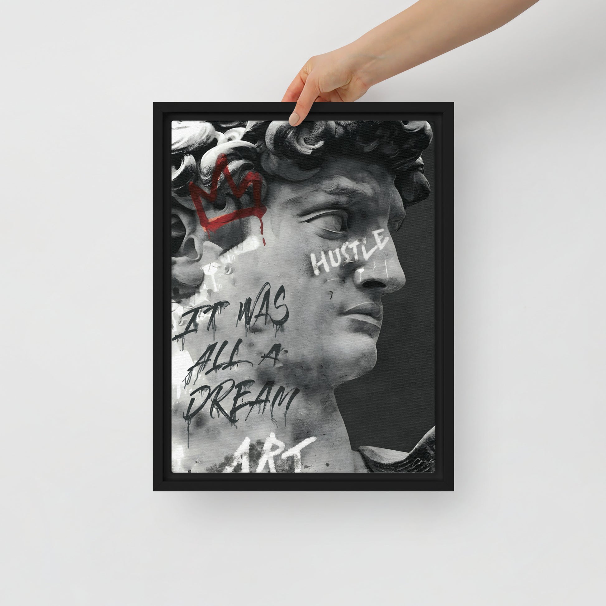 Classical meets Contemporary: Greek Statue with Hustle and It Was All A Dream Graffiti - Framed Wall Art Canvas - KingKanvas