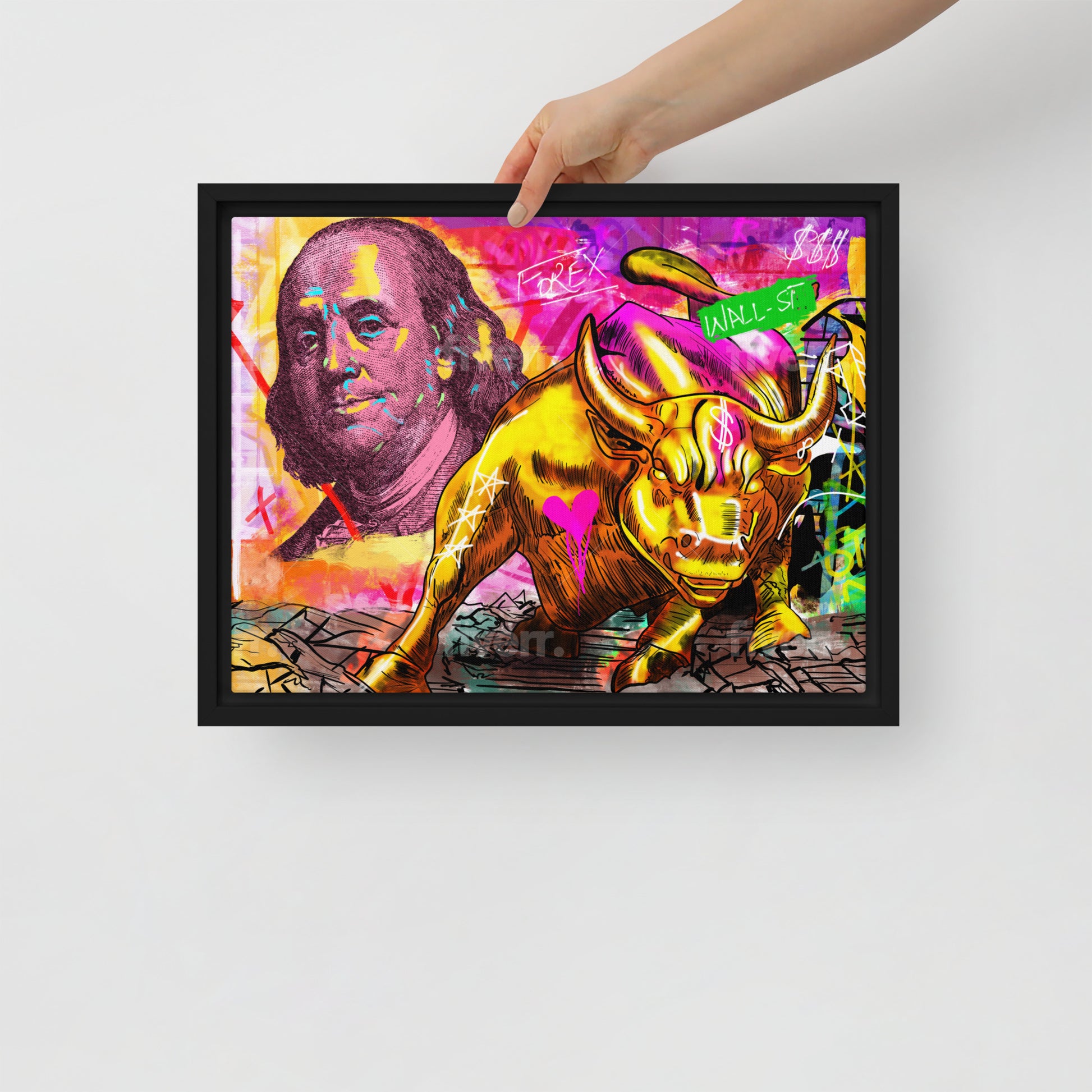 The Iconic Duo: Benjamin Franklin and the Bull of Wall Street Framed Canvas - KingKanvas