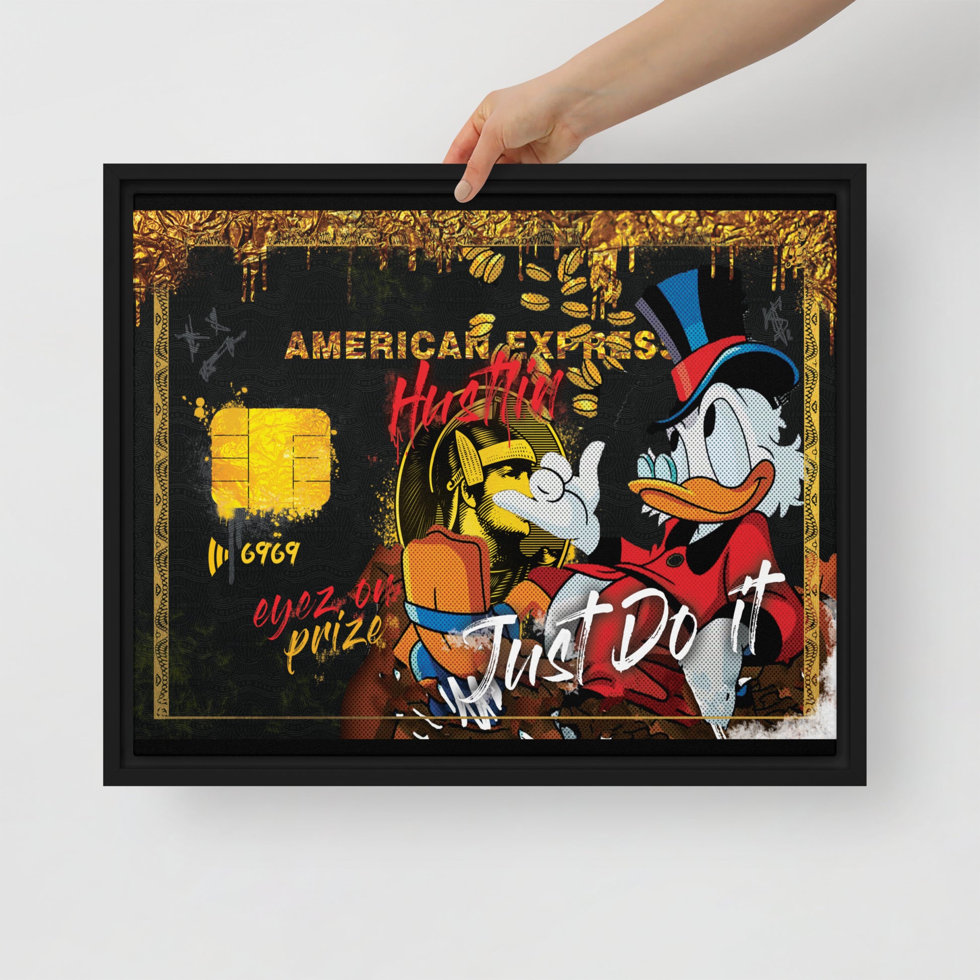Framed Wall Canvas - American Express Card with Scrooge McDuck - Hustling, Eyes on the Prize, Just Do It - KingKanvas