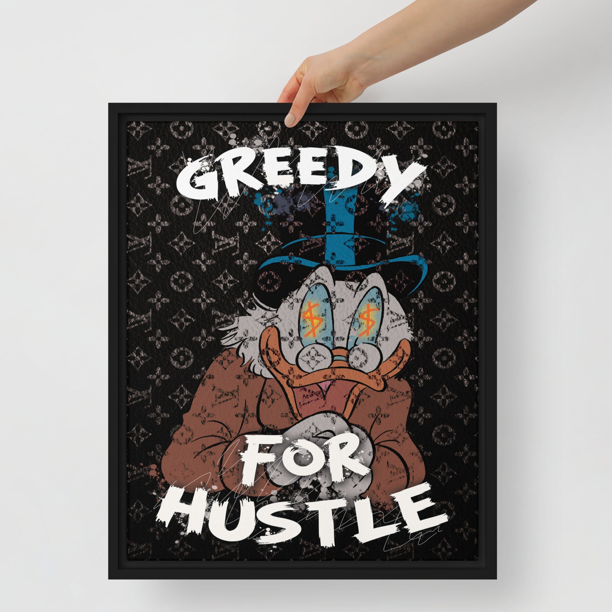 Hustlers Edition Scrooge McDuck on Louis Vuitton Background - Greedy for the Hustle! Framed Luxury Wall Canvas - KingKanvas