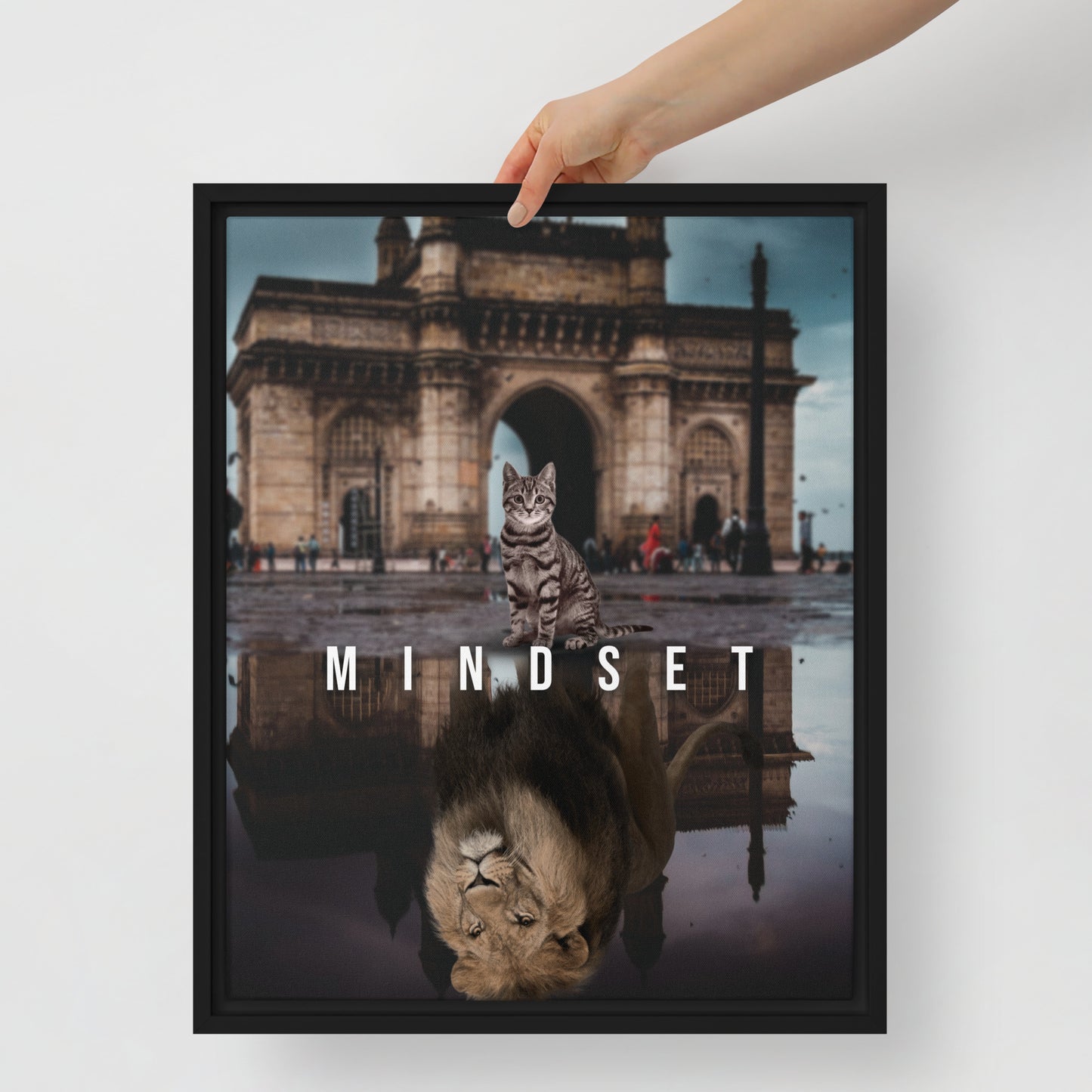 Courageous Cat and Lion's Mindset - Framed Wall Canvas - KingKanvas