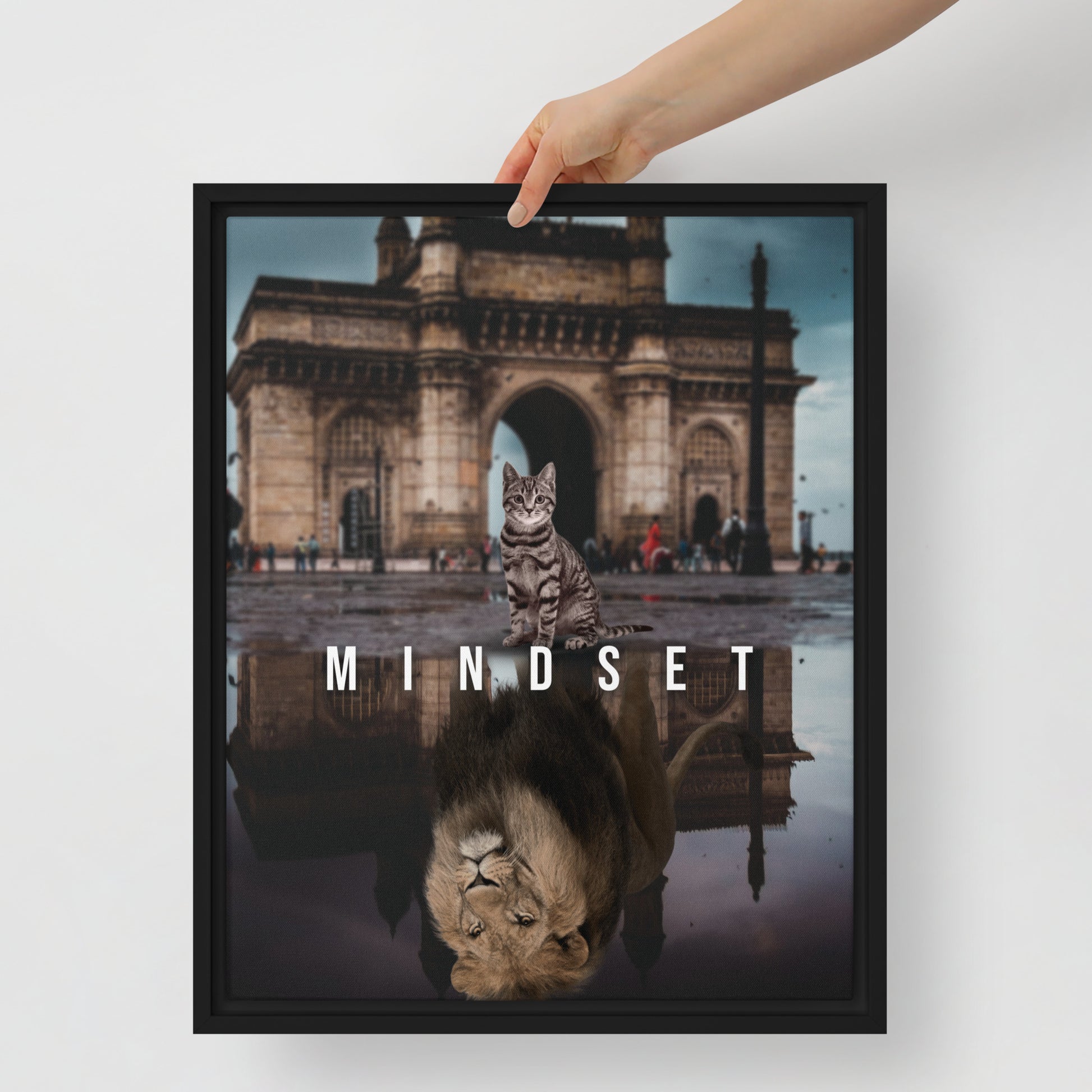 Courageous Cat and Lion's Mindset - Framed Wall Canvas - KingKanvas