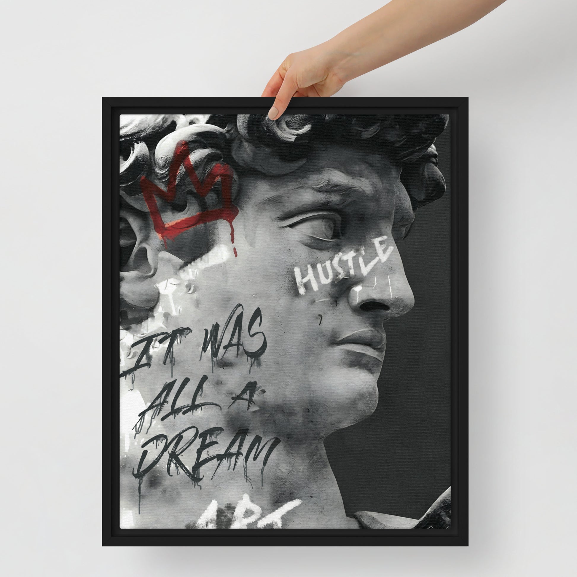 Classical meets Contemporary: Greek Statue with Hustle and It Was All A Dream Graffiti - Framed Wall Art Canvas - KingKanvas
