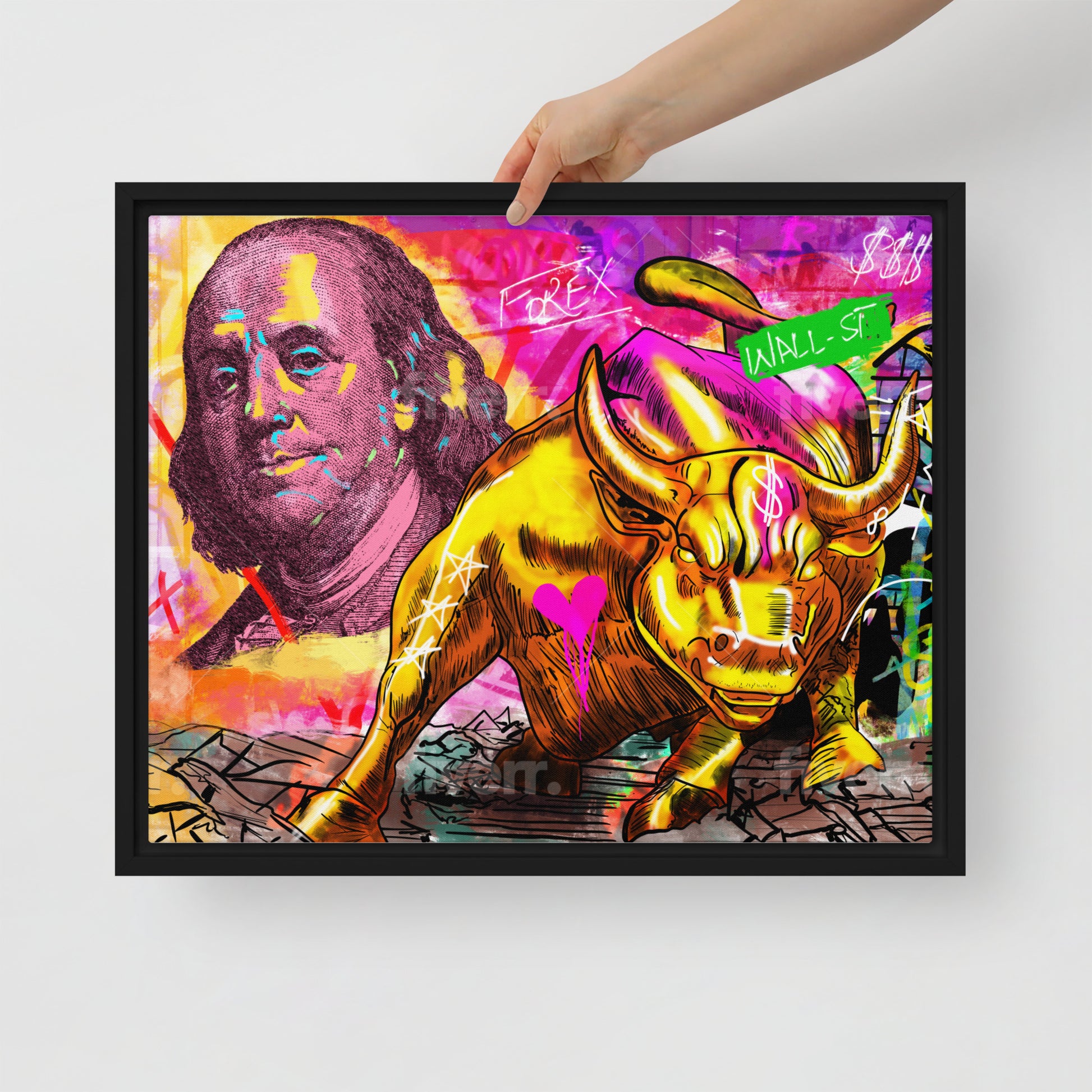 The Iconic Duo: Benjamin Franklin and the Bull of Wall Street Framed Canvas - KingKanvas