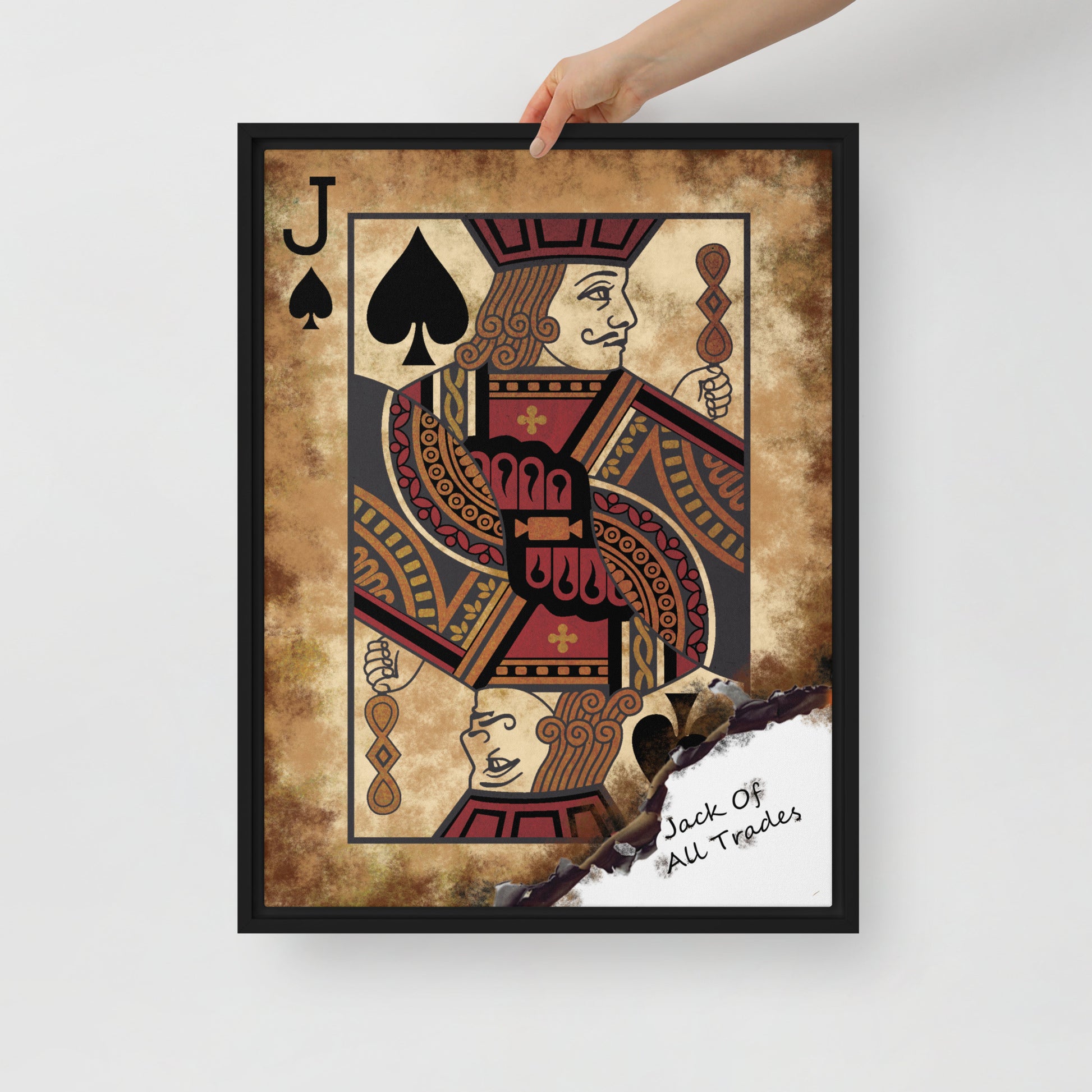 Framed Wall Canvas Art: Jack of All Trades Card - Jack of Spades - KingKanvas