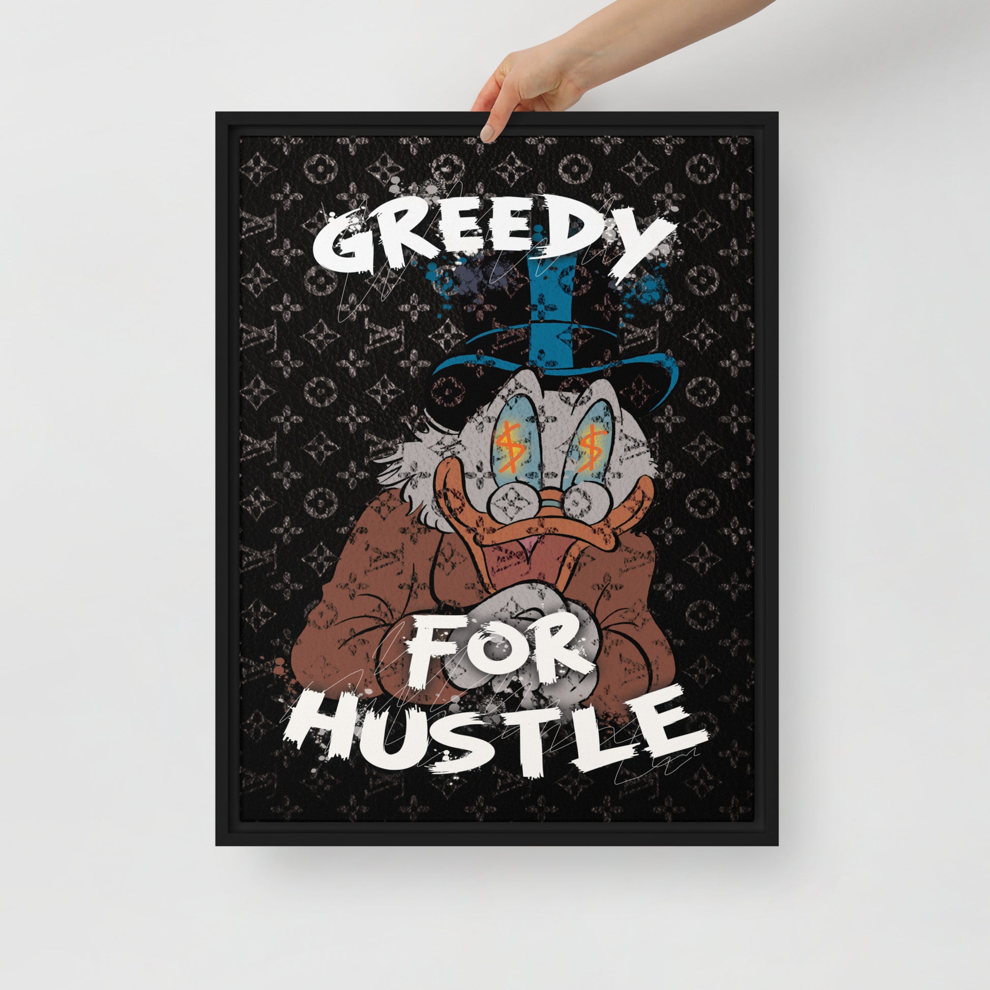 Hustlers Edition Scrooge McDuck on Louis Vuitton Background - Greedy for the Hustle! Framed Luxury Wall Canvas - KingKanvas
